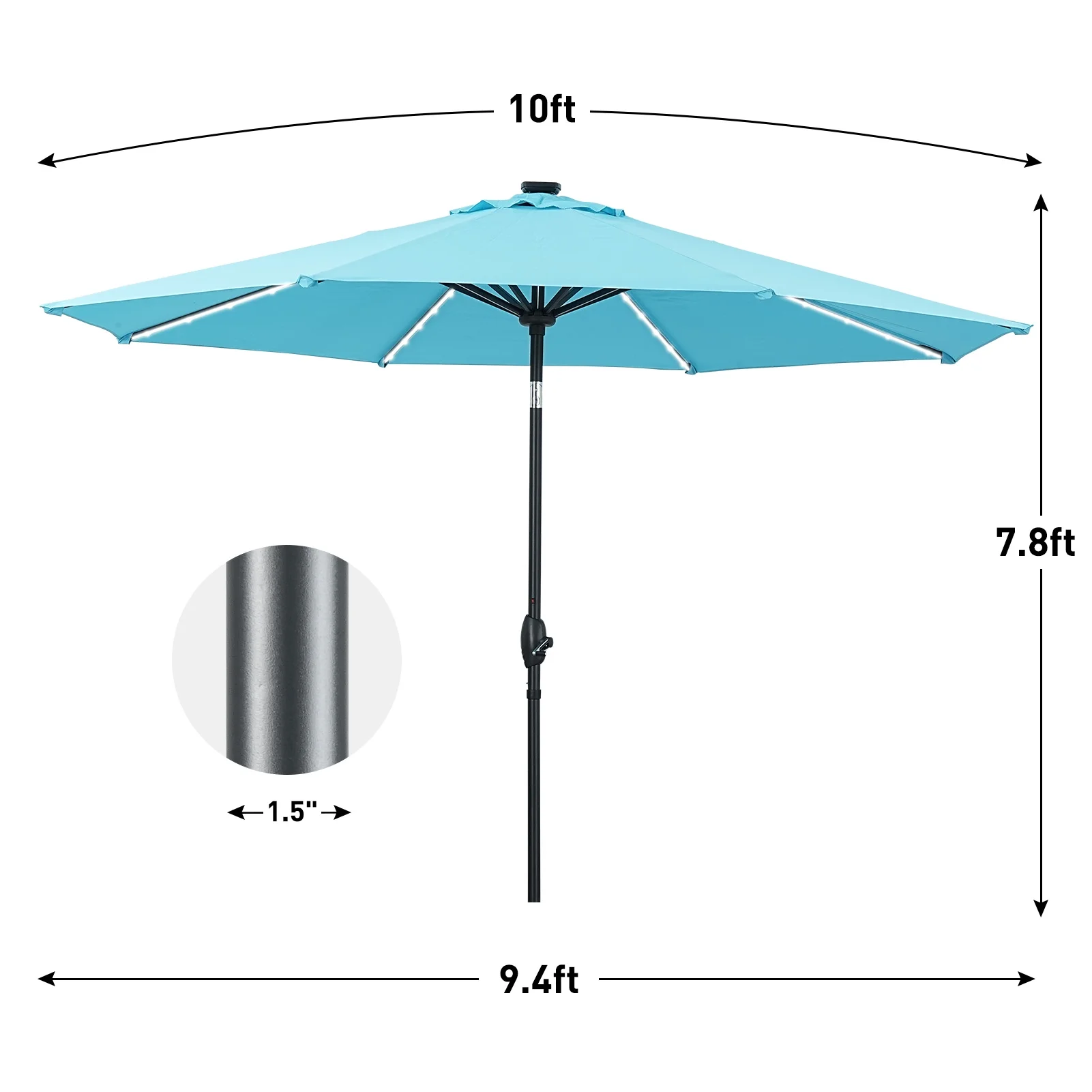 10 FT Solar LED Lighted Patio Umbrella with LED Table Umbrella with 8 LED Strip Lights, Fade-resistant Waterproof for Garden, Backyard, Poolside, Push Button Tilt (Blue)(Blue) - Image 2