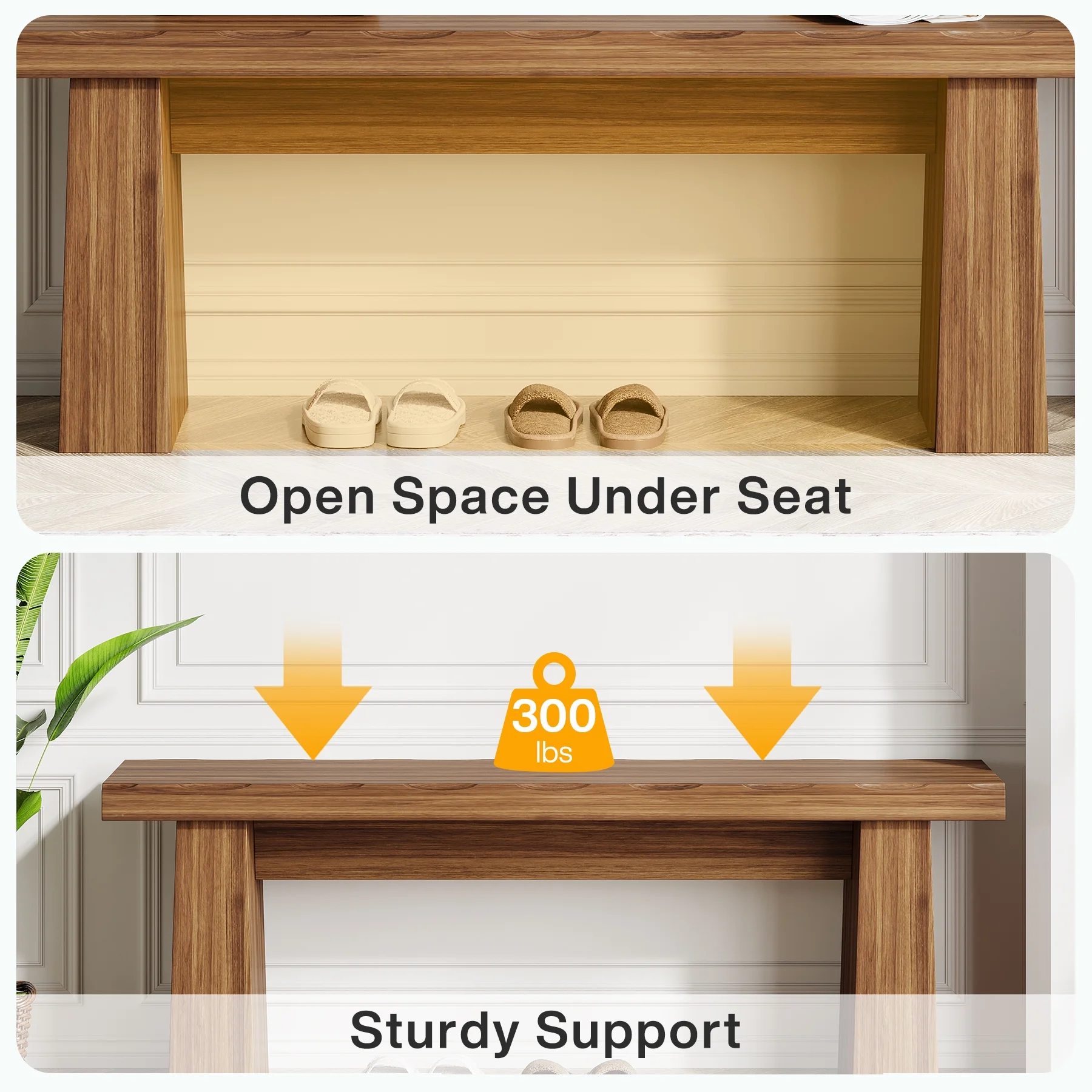 48" Wooden Two Person Backless Entryway Bench with Under Bench Storage for Outdoor Garden, Living Room, Bedroom, Dining Room, Hallway(Brown) - Image 9