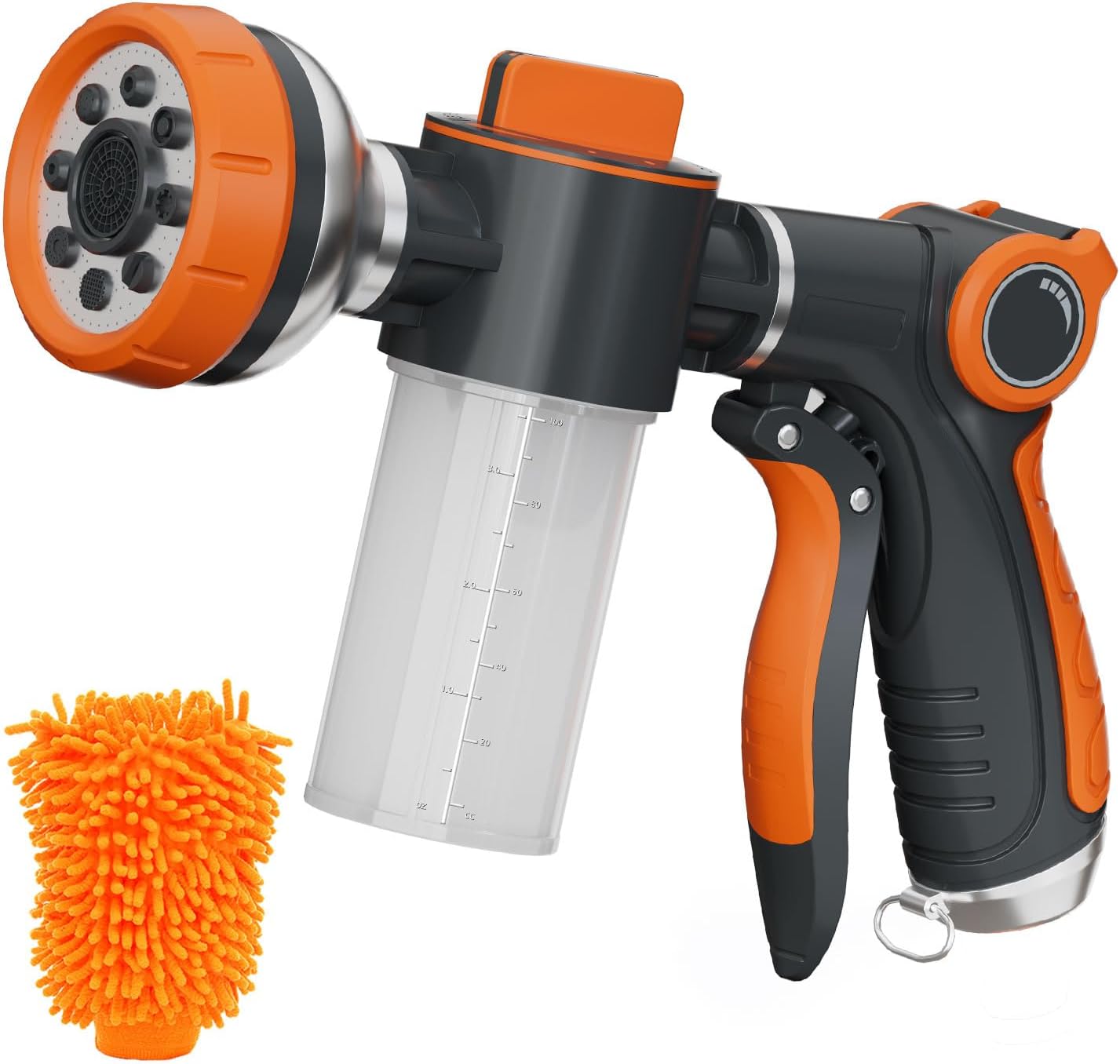 Garden Hose Nozzle, 8 Patterns High Pressure Hose Sprayer, Heavy Duty Dog Wash, Metal Water Hose Nozzle with Soap Dispenser, Car Wash Foam Gun with Car Wash Mitt
