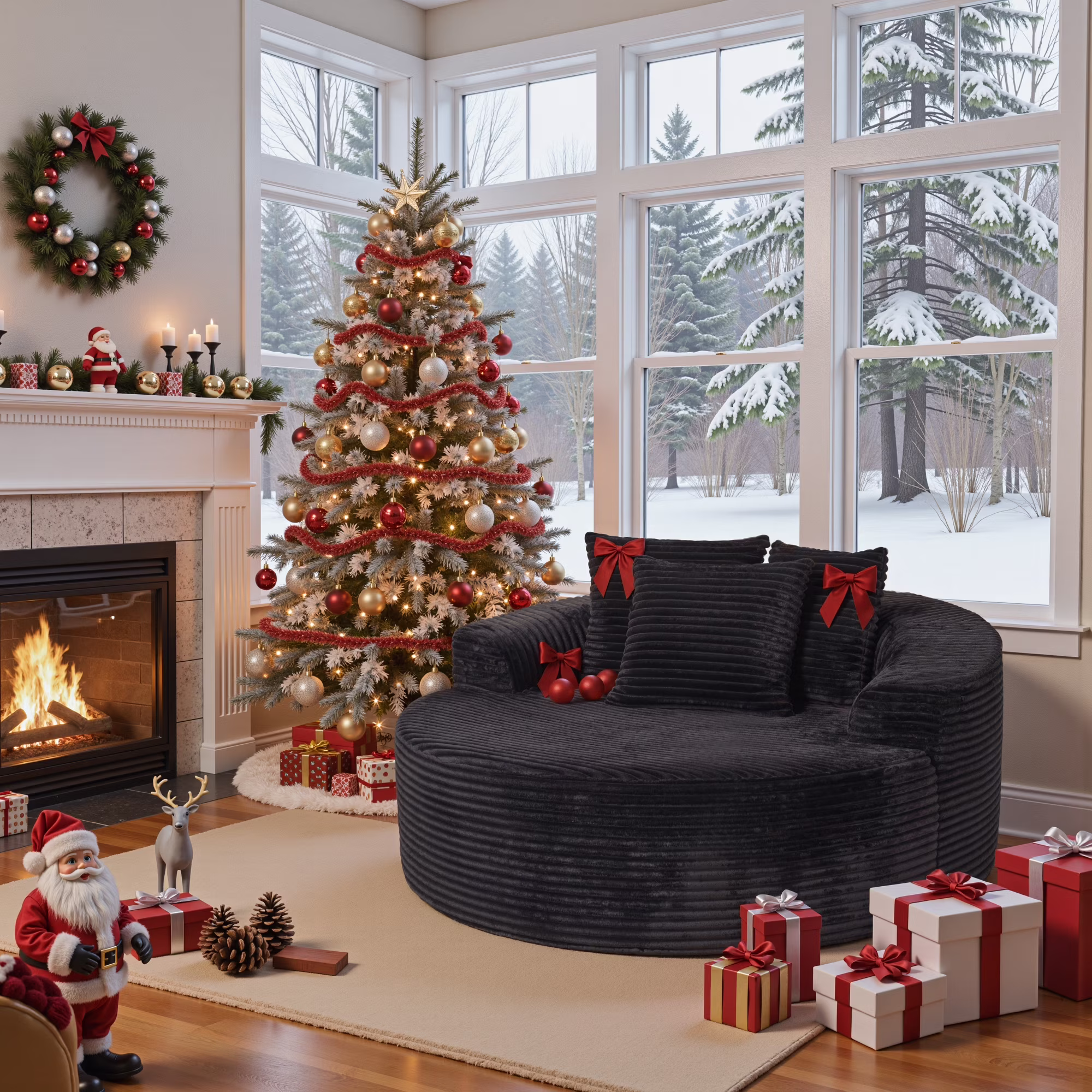 58'' Oversized Chaise Lounge Indoor Chair Modern Cloud Floor Sofa Bed Comfy Upholstered Sleeper Couch Deep Seat Accent Reading Chair for Living Room, Bedroom, No Assembly, Black(Plush Corduroy)(Black (Plush Corduroy))