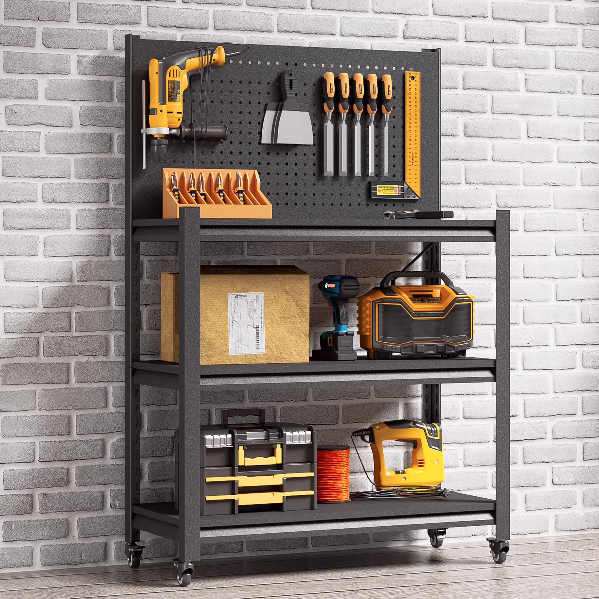 Workbench with Pegboard, 48 H Heavy Duty Steel Tool Workbench with Wheels, Metal Tool Work Bench for Garage Warehouse Workshop