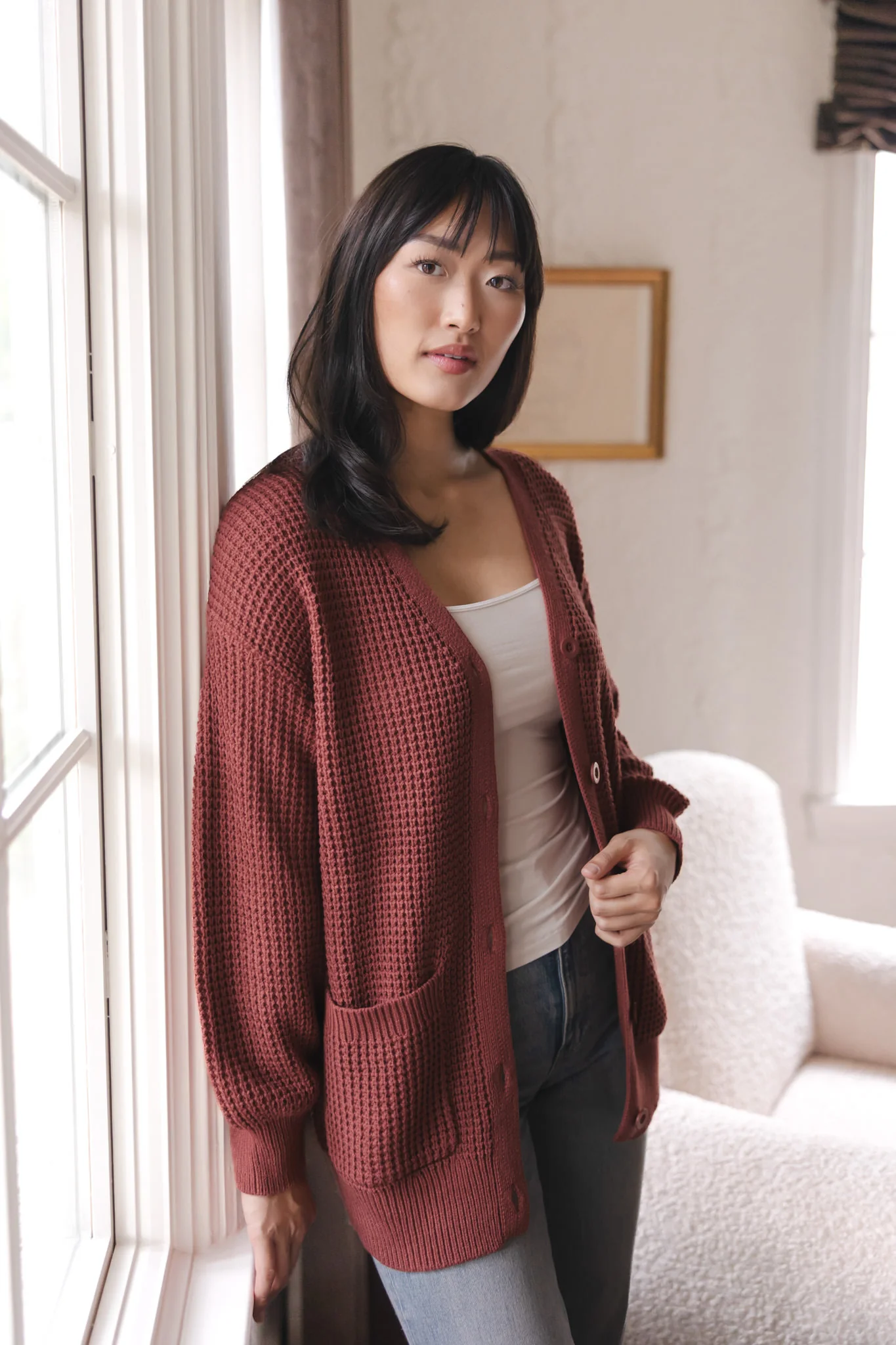 Chunky Knit Women's Waffle Cardigan in Ember
