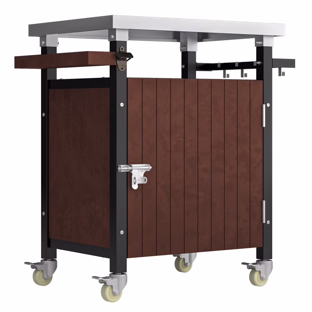 BBQ Grill Storage Cart/Bin, Outdoor Storage Cabinet on Wheels, Metal Kitchen Dining Table Cooking Prep Table with Wheels, Hooks, and Spice Rack, for Patio Island Home Party Bar (Brown)(32.4" W x 18.7" D x 34.7" H)
