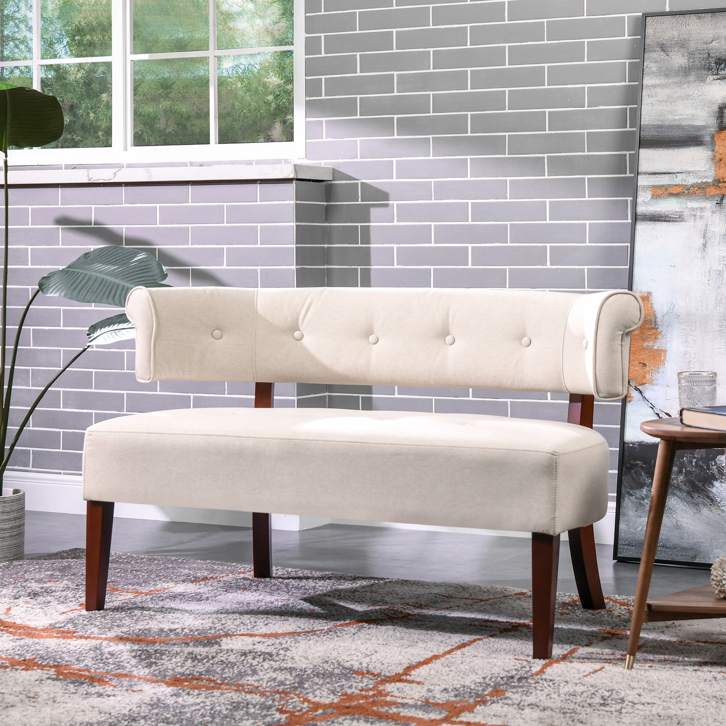 Jared Roll Arm Tufted Polyester Fabric Bench, Sky Neutral Beige(Cream) - Image 6