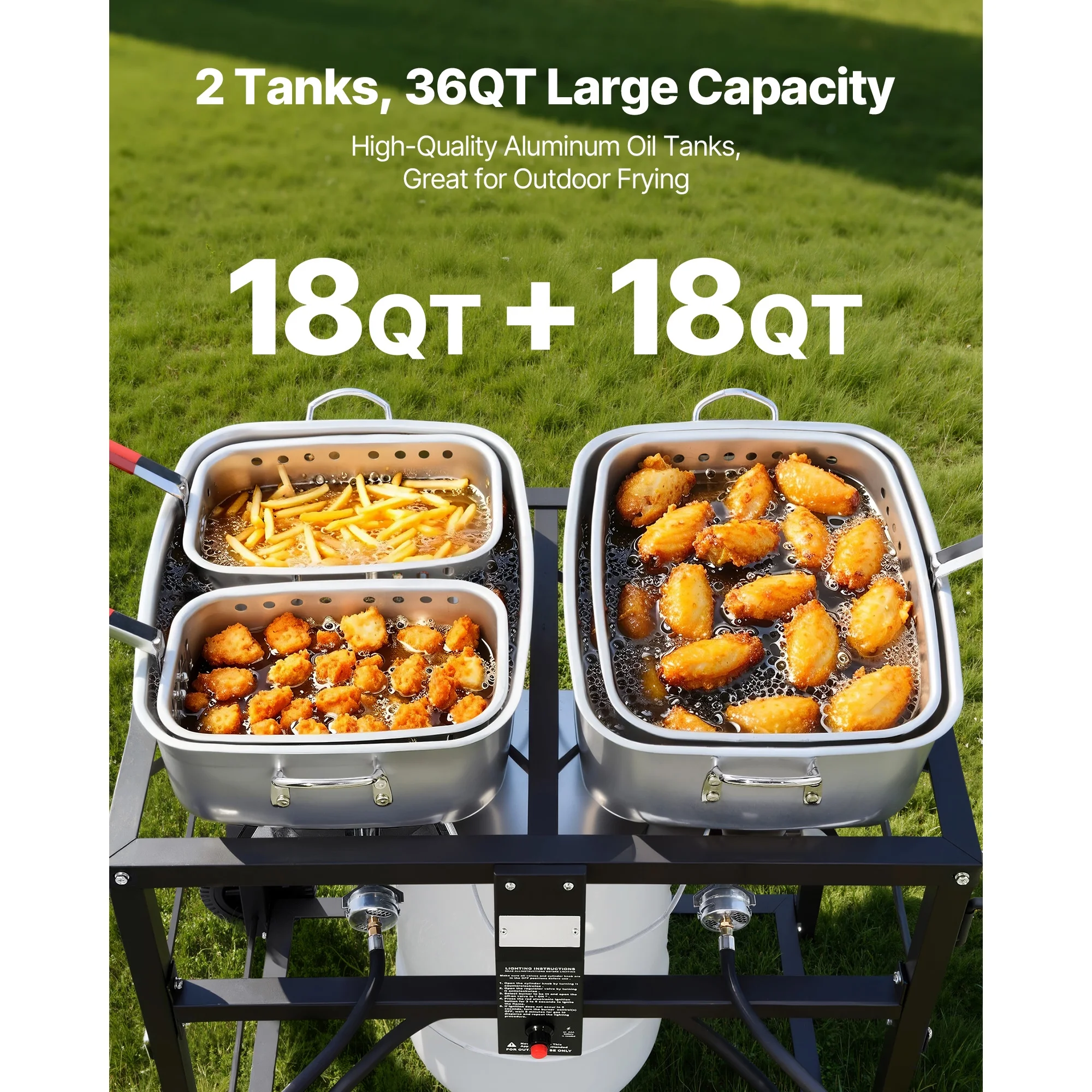 KFFKFF Outdoor Propane Deep Fryer, Dual - Tank 18QT x 2 Commercial Fryer, Portable Frying Cart with Wheels, 3 Baskets, 2 Thermometers, Stainless Steel Cooker for Fish, Wings, and Fries, 40, 000 BTU