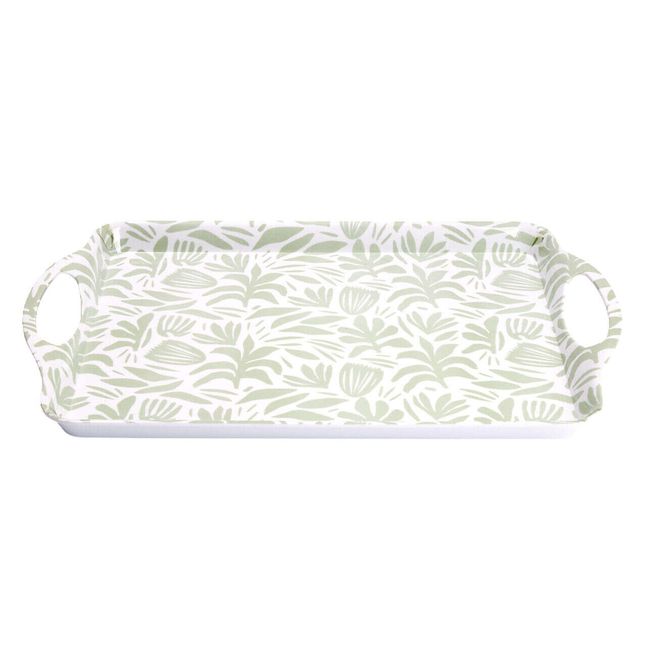 Plateau rectangulaire blanc motif feuillage vert sauge 34x50,5cm