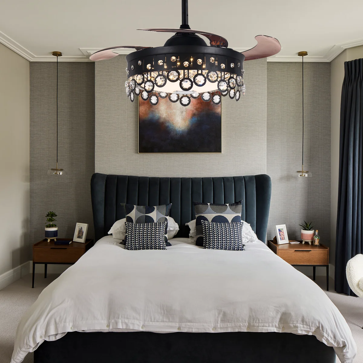 AFANQI 42" Black Modern Fandelier Ceiling Fan with Light Remote, Retractable Bluetooth Ceiling Fan with 7 Colors Silent Motor Crystal Chandelier