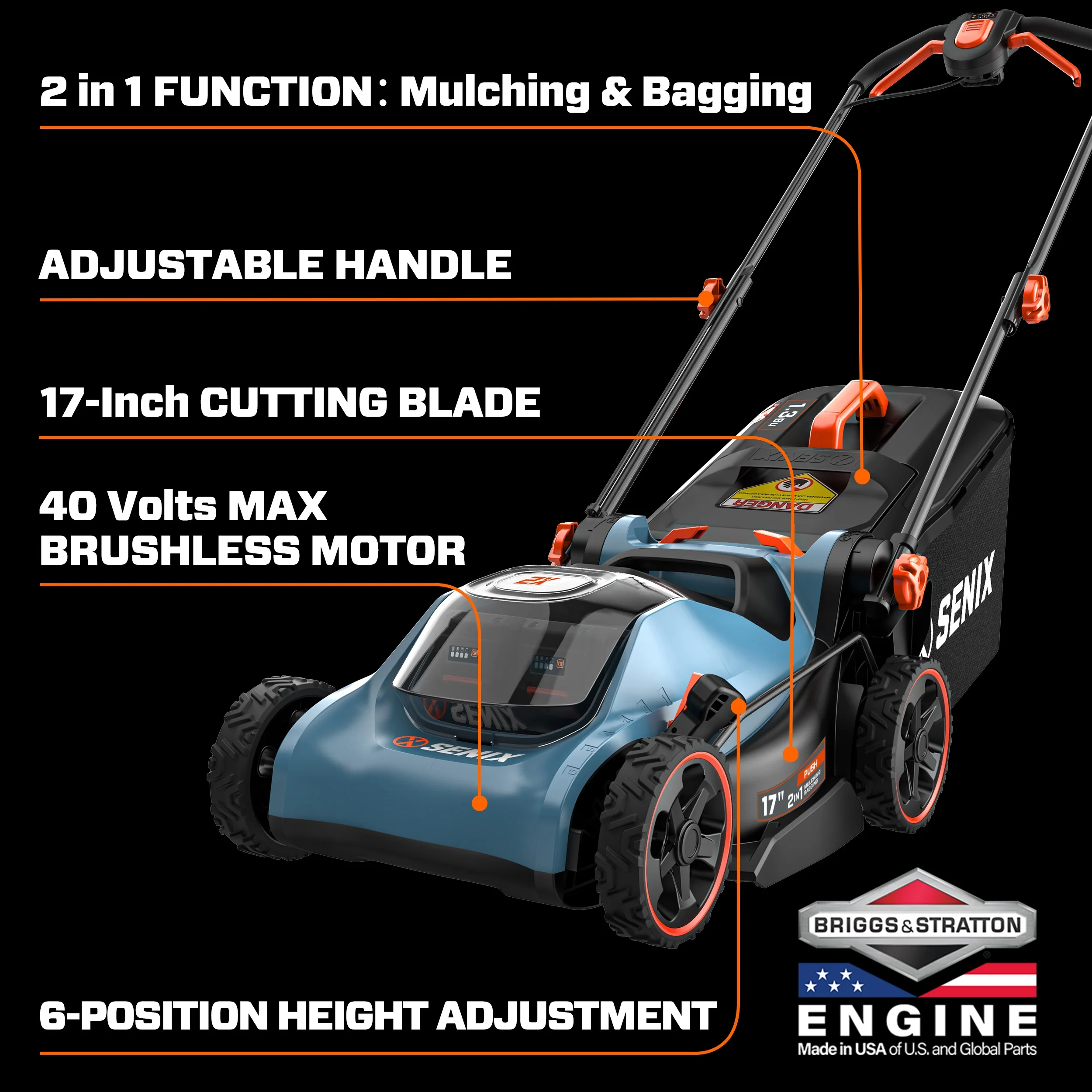 40V Brushless 18in Deck Battery Lawn Mower, 17in Cutting Blade, 2-in-1 Mulching Bagging Cordless Push Mower, 6-position Adjustment, LPPX2-M5(40V / 17in) - Image 10