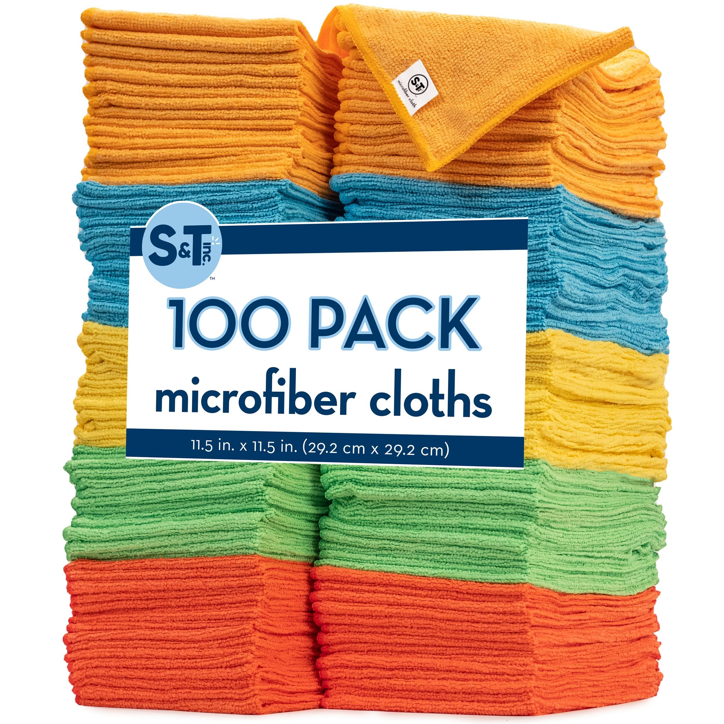 S&T Inc. 100 Pack Microfiber Cleaning Cloth, Bulk Microfiber Towel for Home, Reusable and Lint Free Cloth Towels for Car, Assorted Colors, 11.5 inch