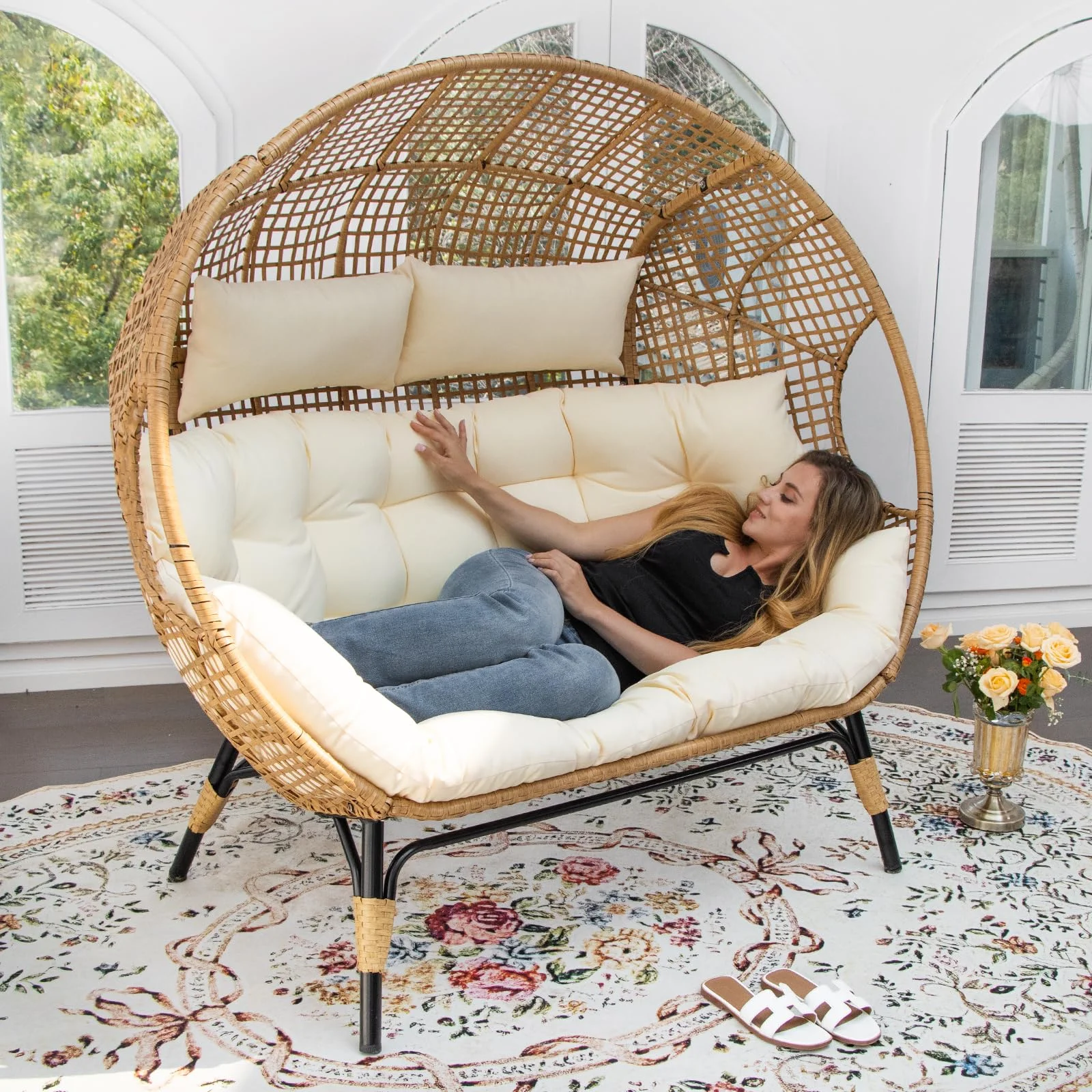 Double Egg Chair for 2 Person, Oversized Wicker Loveseat with Thick Cushions, 680 lbs Capacity, Indoor Outdoor Stationary Patio Lounge Chair for Balcony, Garden, Beige(Beige/No Ottomans) - Image 2