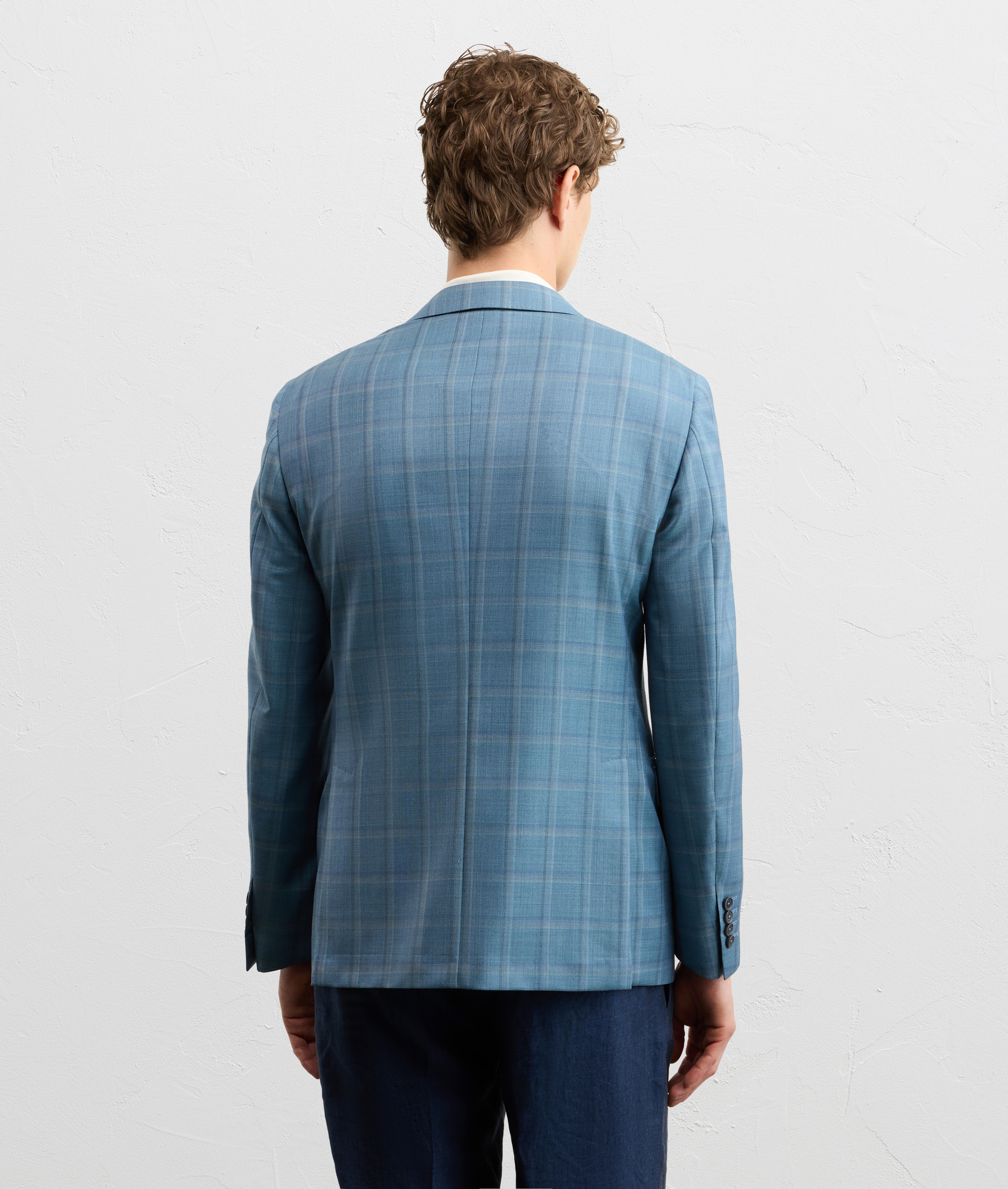 TEAL BLUE CHECKED VIRGIN WOOL VICENZA LINE HALF LINED JACKET
