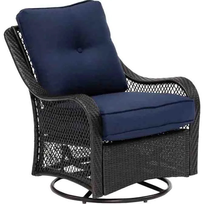 Ensemble de conversation 5 pièces en acier avec foyer extérieur, coussins bleu marine, fauteuils pivotants et table de foyer carrée (collection 2025).