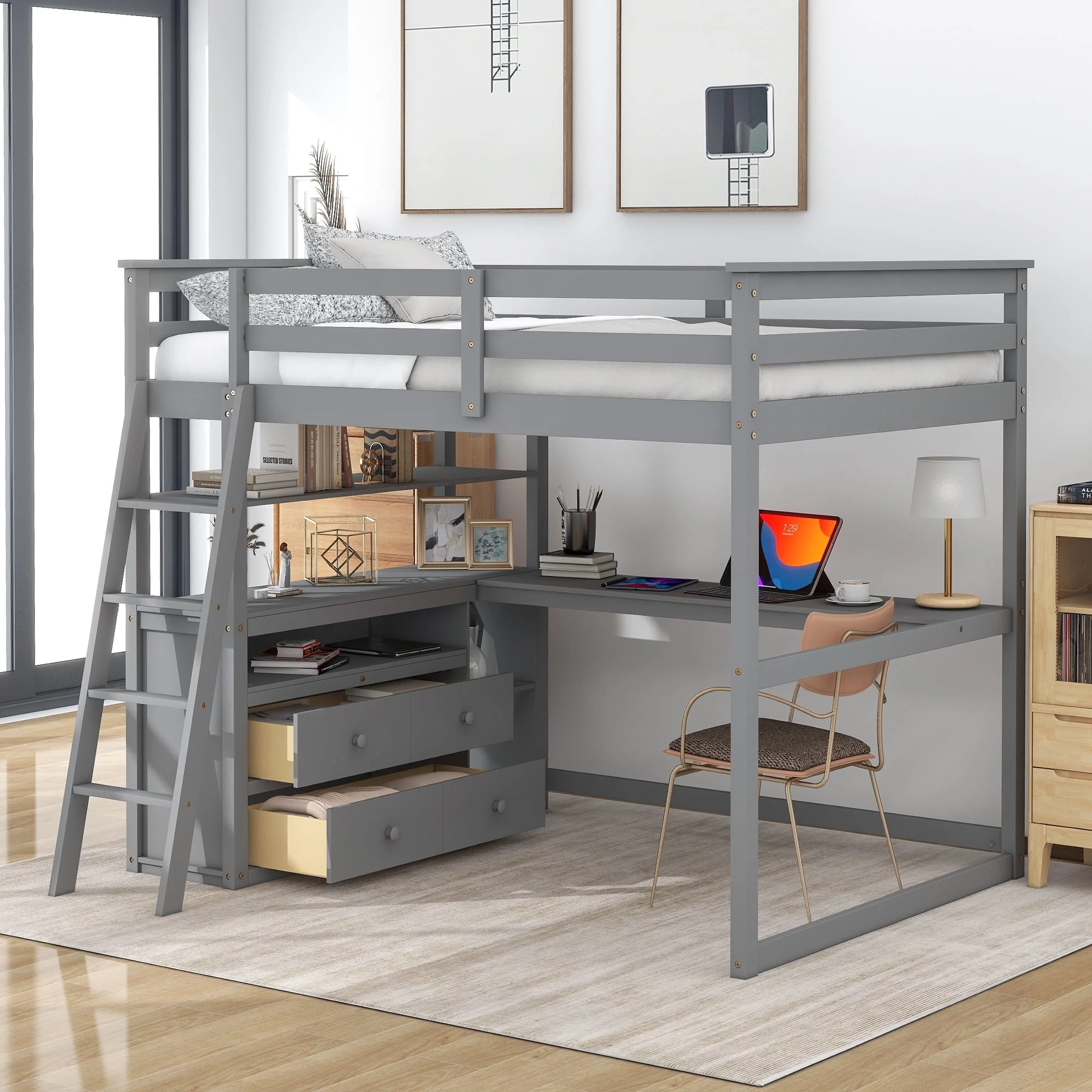 Euroco Full Size Wood Loft Bed with Desk, Shelves and Cabinets for Kids Room, Incline Ladder and 3 Drawers, Gray