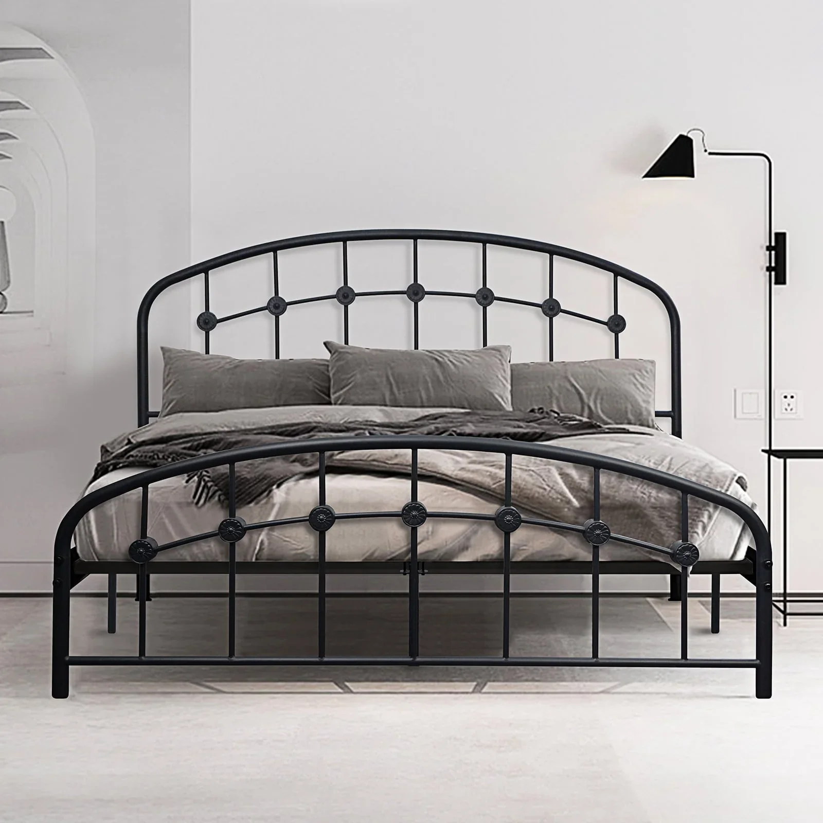 Voilamart Metal Queen Bed Frame Queen Size Bed Frame No Box Spring Needed with Vintage Headboard and Footboard Premium Steel 17 Slats Support Heavy Duty Platform Mattress Base, Matte Black