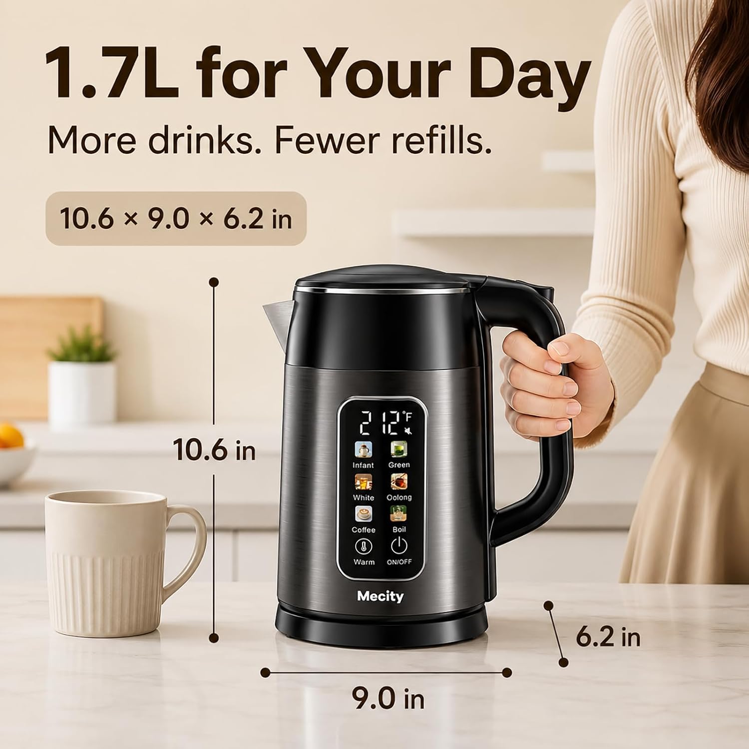 Mecity Electric Kettle 1.7L Touch Screen Temperature Control Water Boiler, No Plastic Contact with Water6 Preset Temperature Programs, 2 Hours Keep Warm, Auto Shut Off, Dark Grey