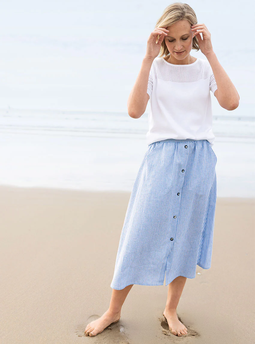 Jupe femme ample en coton et lin rayé bleu
