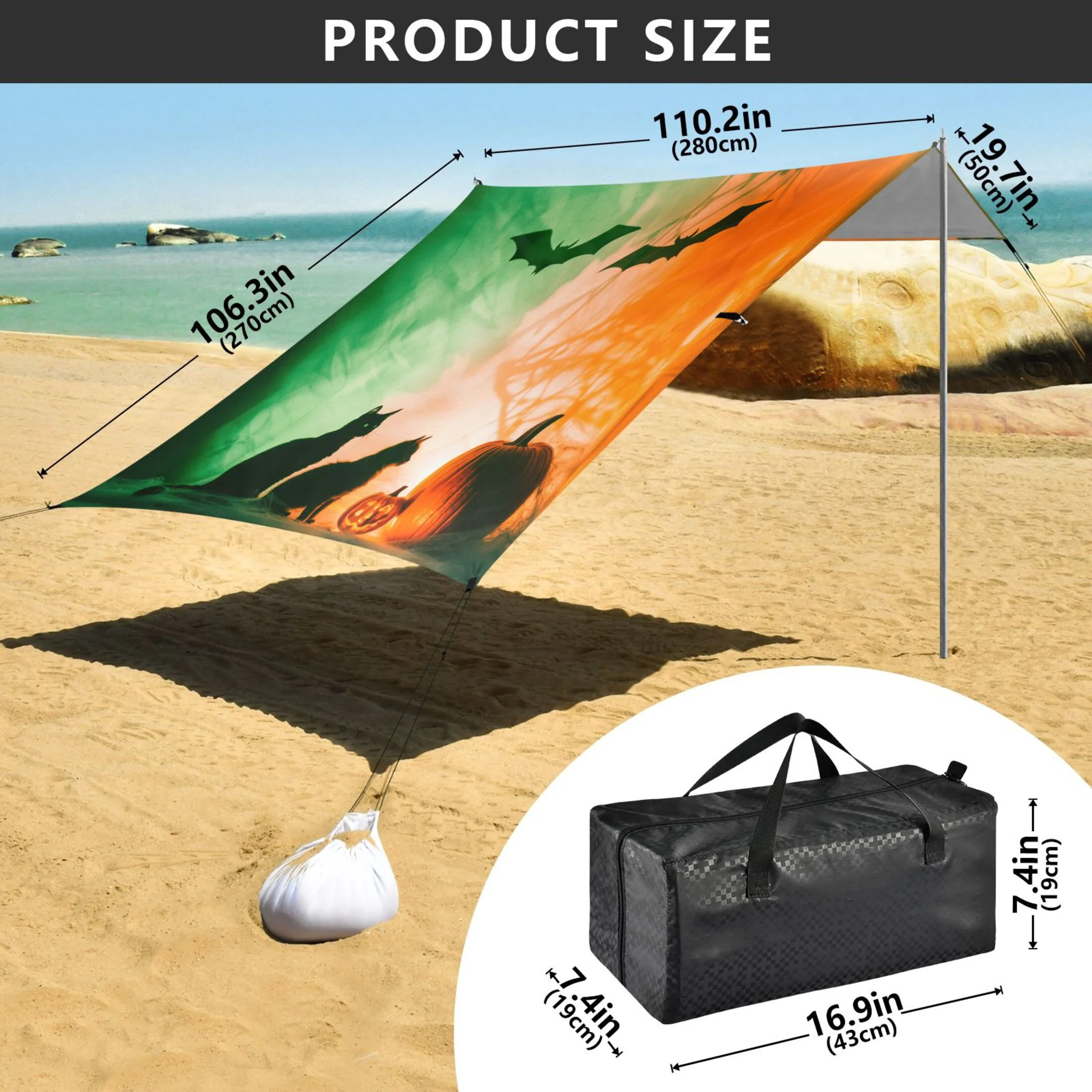 Beach Tent Beach Canopy 9.2x10.5Ft Beach Tent Sun Shelter Outdoor Canopy with Carry Bag for Camping, Backyard and Picnics Black Bat and Cat