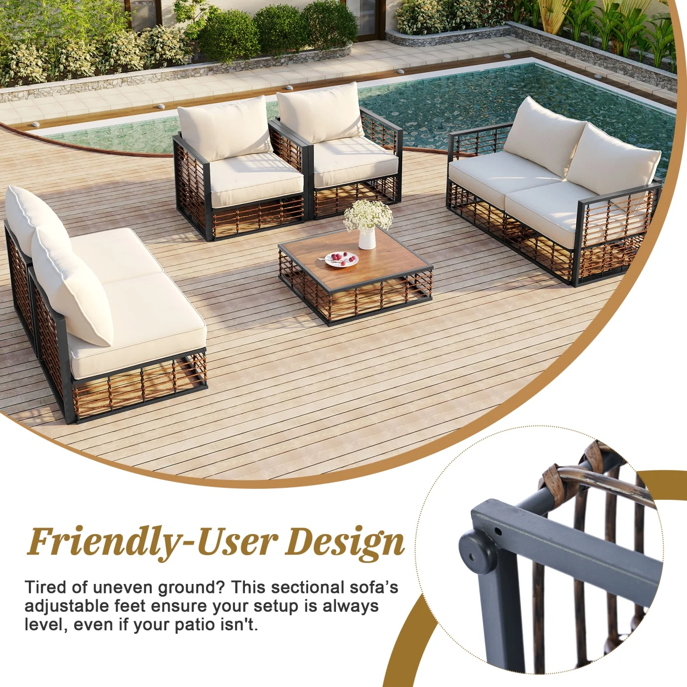 7 Pieces Metal Patio Sectional Furniture Set , Modern Minimalist Rattan Sofa Set with Thick Cushions and Coffee Table, All Weather Outdoor Patio Conversation Sets for Garden, Poolside, Backyard, Gray(Gray) - Image 6
