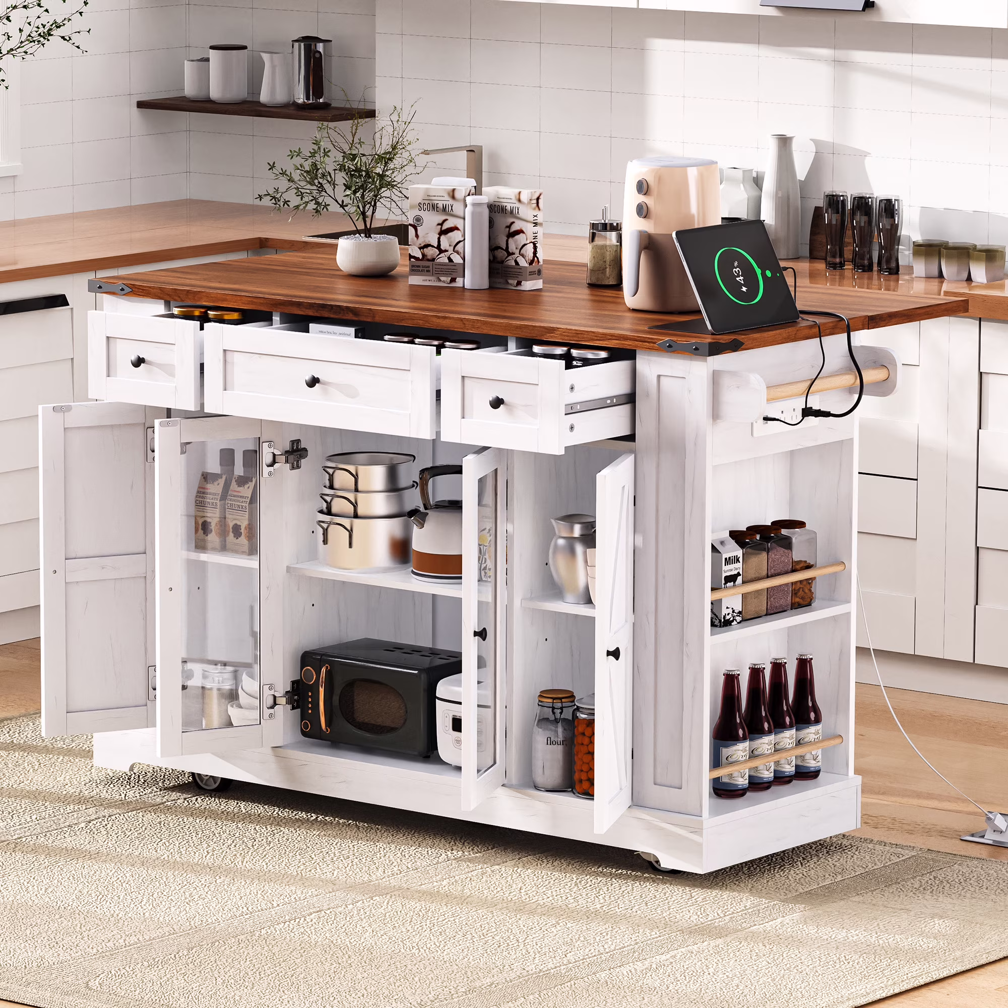 53'' Farmhouse Kitchen Island with Two Tempered Glass Cabinet Doors��Rolling Kitchen Cart on Wheels(White)
