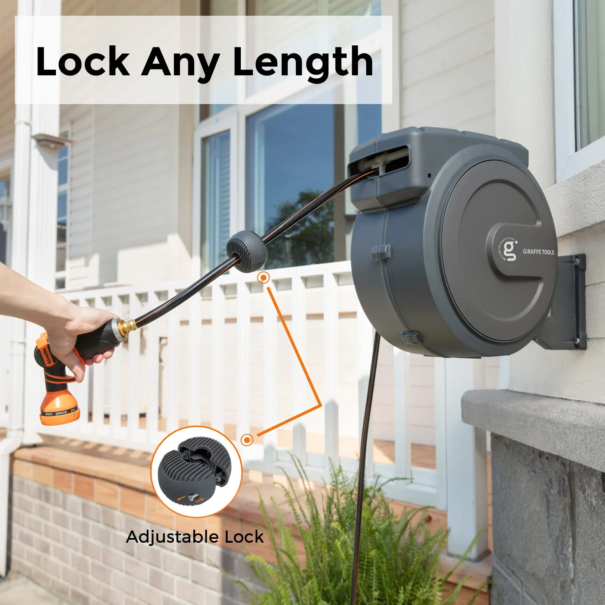Giraffe Tools Retractable Garden Hose Reel with 1/2in-78ft Hose, Metal Bracket, Wall Mounted, Dark Grey