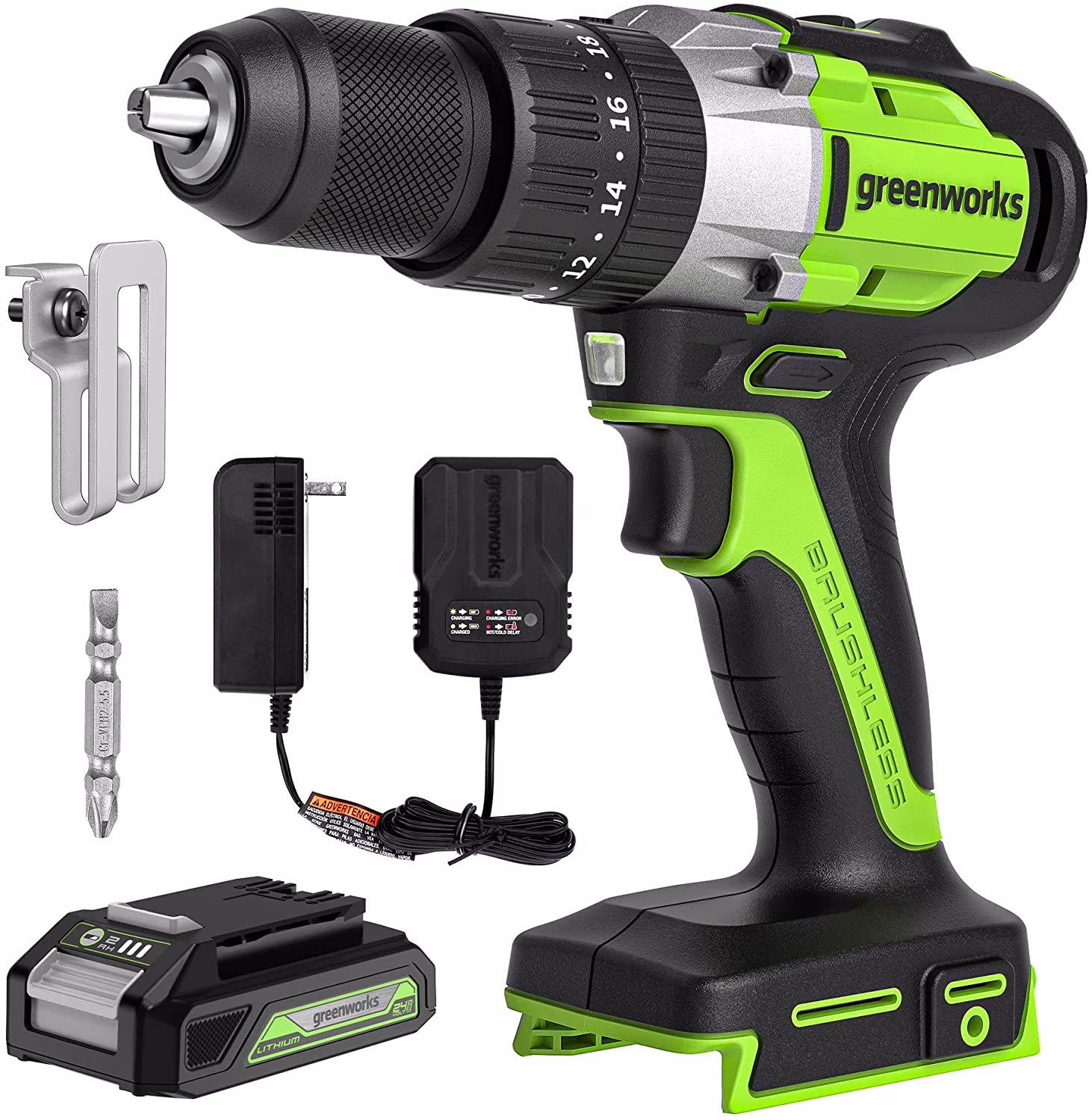 Greenworks 24V 1/2 Cordless Brushless Hammer Drill Kit + 2Ah Battery & Charger 3706602