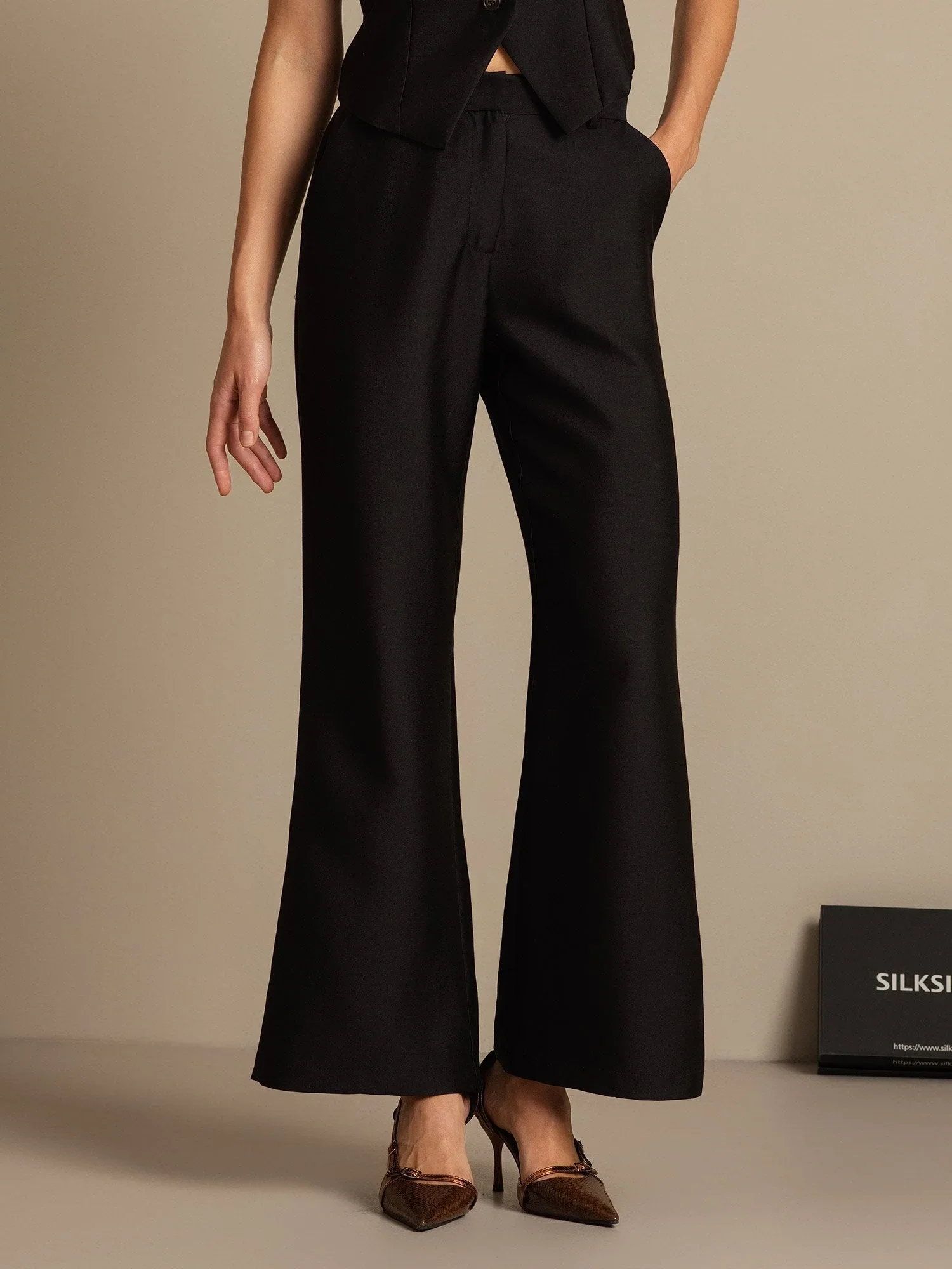 32Momme Silk-Wool Blend High Waist Micro-horn Wide Leg Women's Pants with Side Pockets  Design