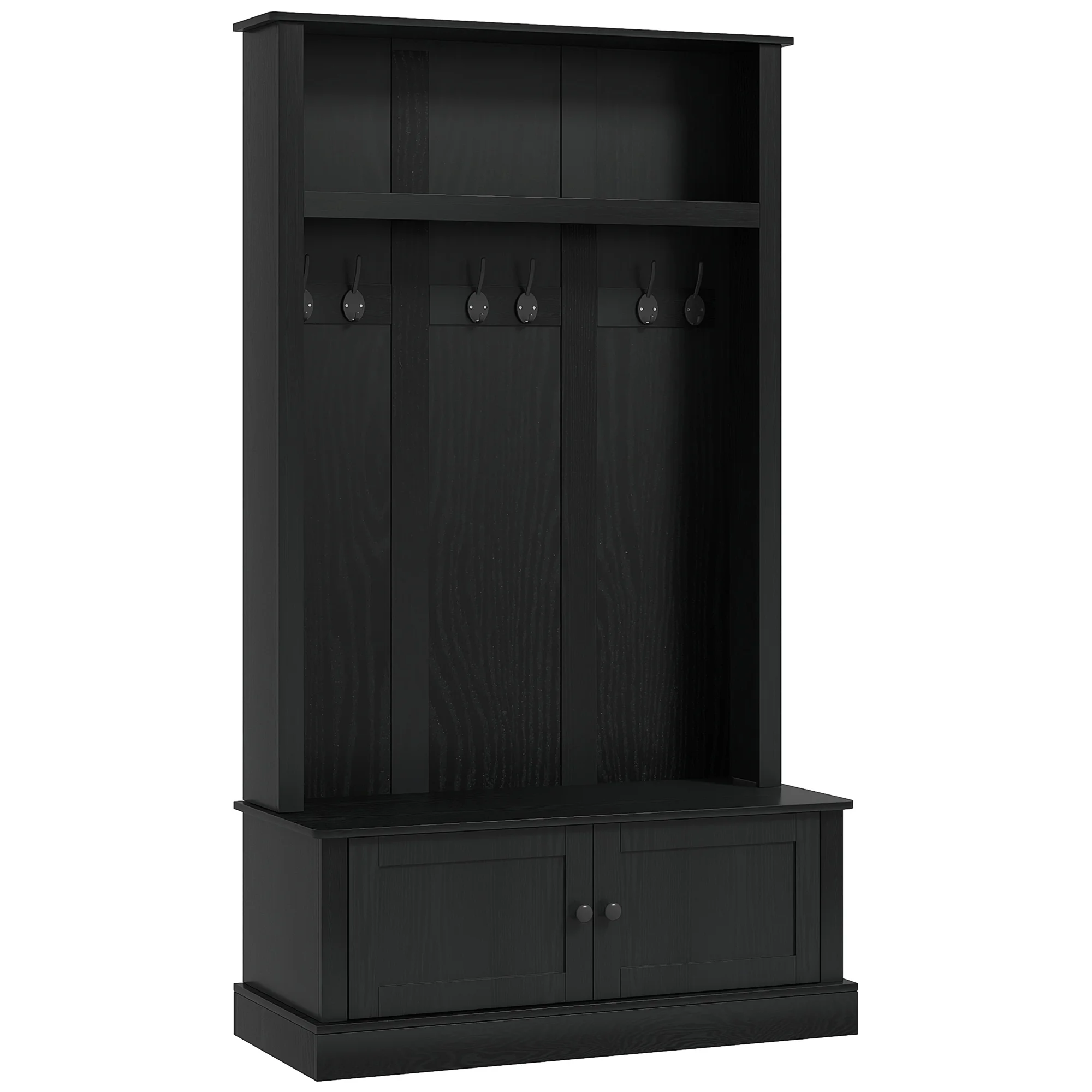 Hall Tree, Entryway Bench w/ Coat Rack, Shoe Cabinet, Black(Black) - Image 2