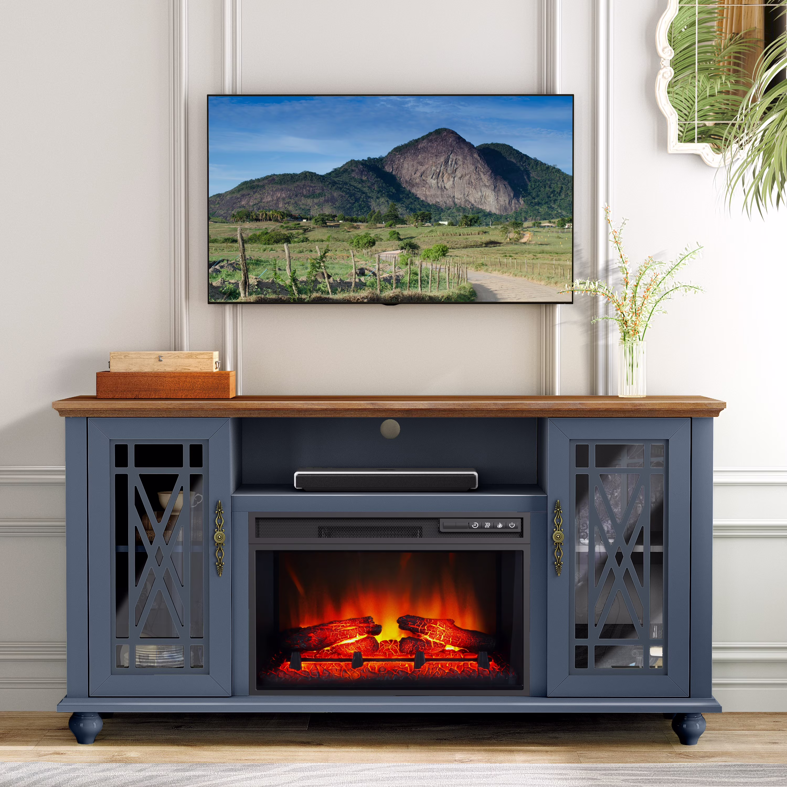 Elegant 61" TV Stand with Fireplace Green(Green) - Image 3