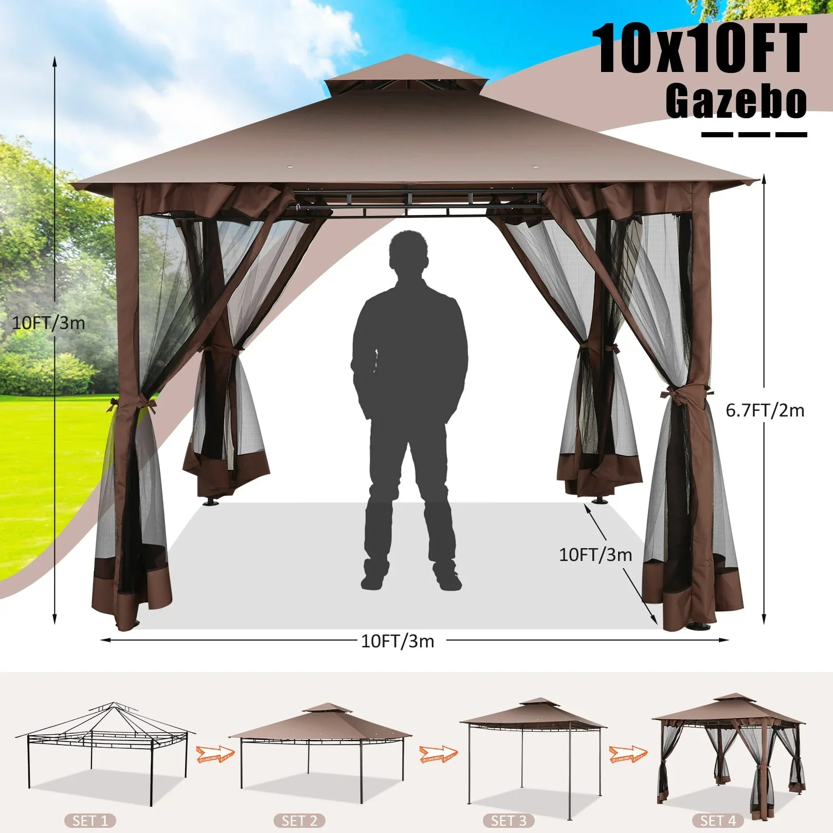 SANOPY 10' x10' Canopy Gazebo, Assembled Style Wrought Iron Gazebo Tent Can Accommodate 6-10 People with 4 Detachable Mosquito Net Side Walls, Rainproof&Sunproof Canopy Tent For Garden, Yard, Beach
