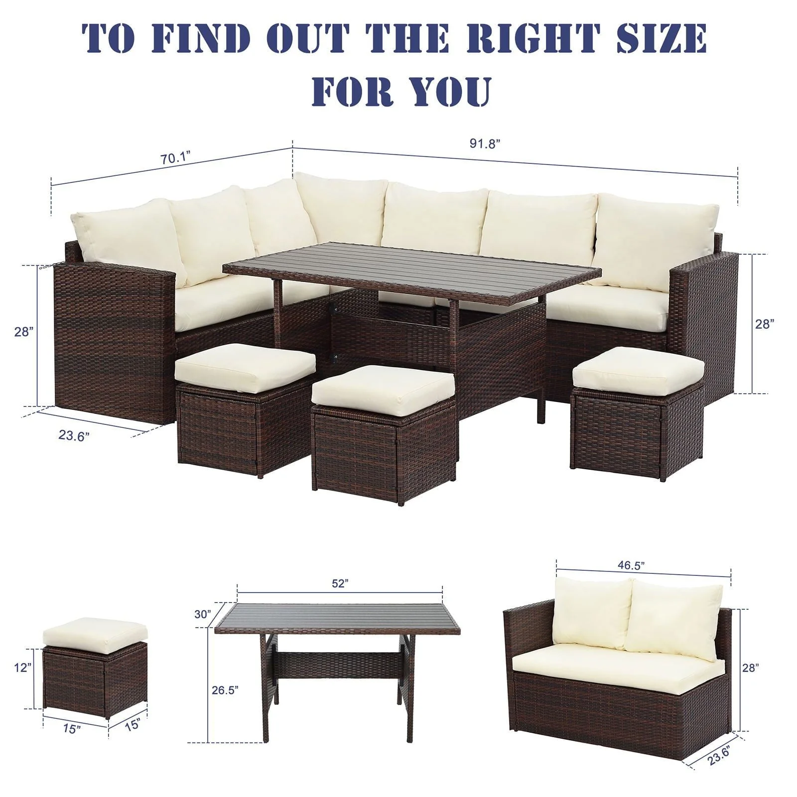 7 Pcs Outdoor Wicker Dining Set Patio Sectional Conversation Set with Table,Steel Frame,Ivory(Blue) Image 10