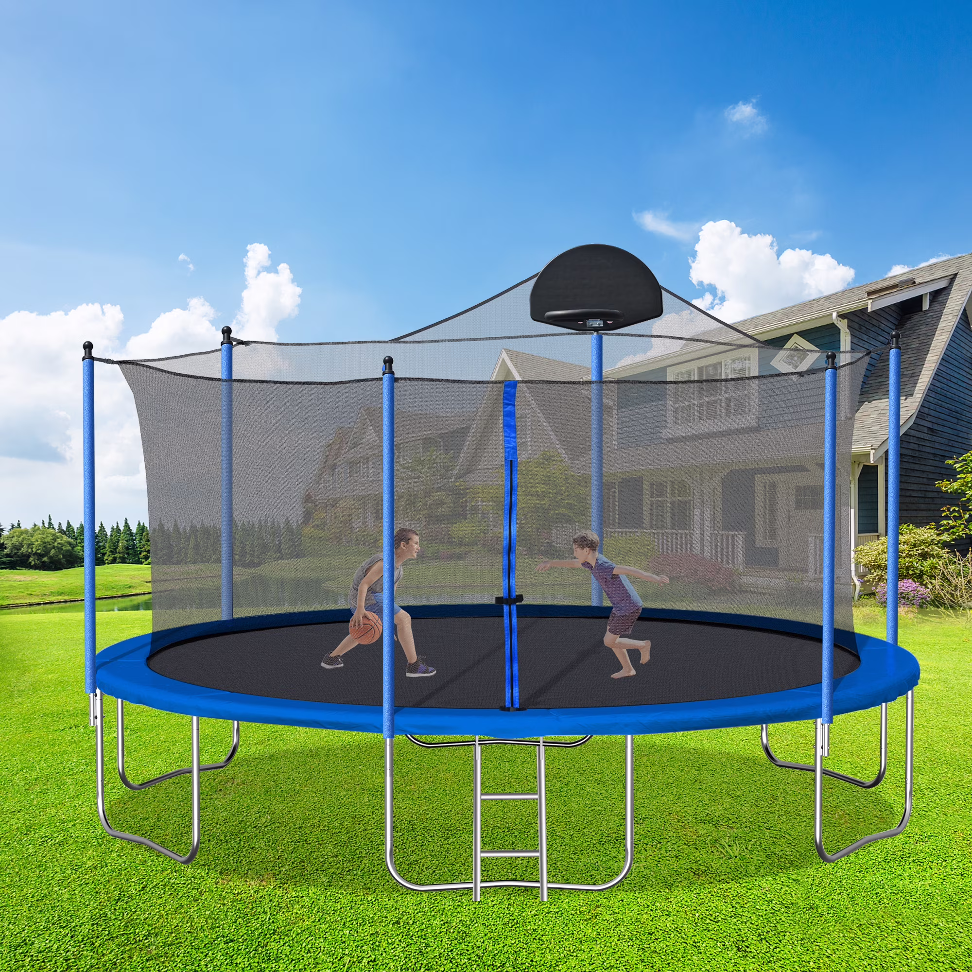 14FT Outdoor Trampoline with Safety Enclosure, Steel Tube Frame, Ladder Secure Net Heavy Duty, Blue(Round/14'/Blue) - Image 6