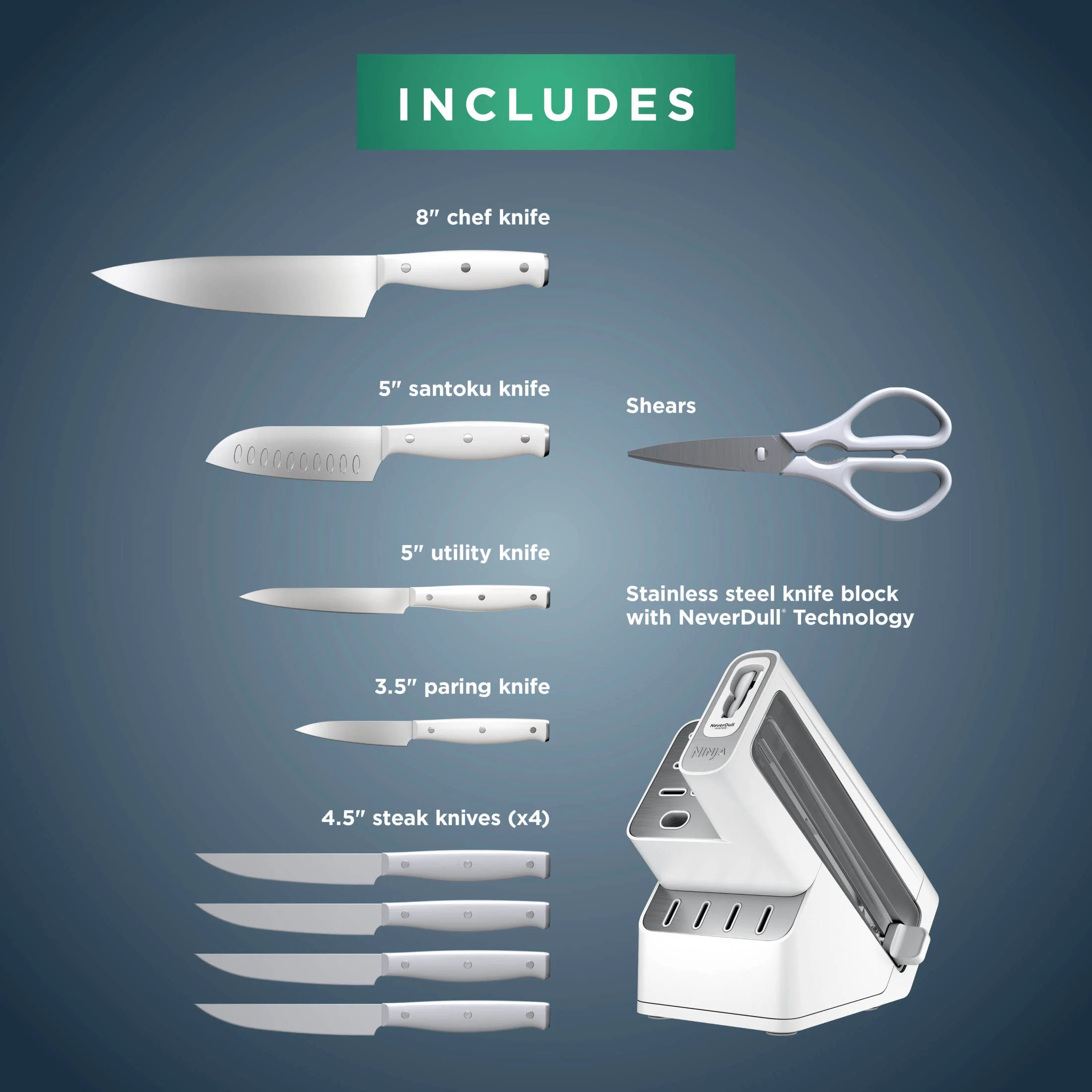 Ninja Foodi Neverdull 10 - Piece Stainless Steel Essential Knife System with Sharpener, K12010 Black/Gray