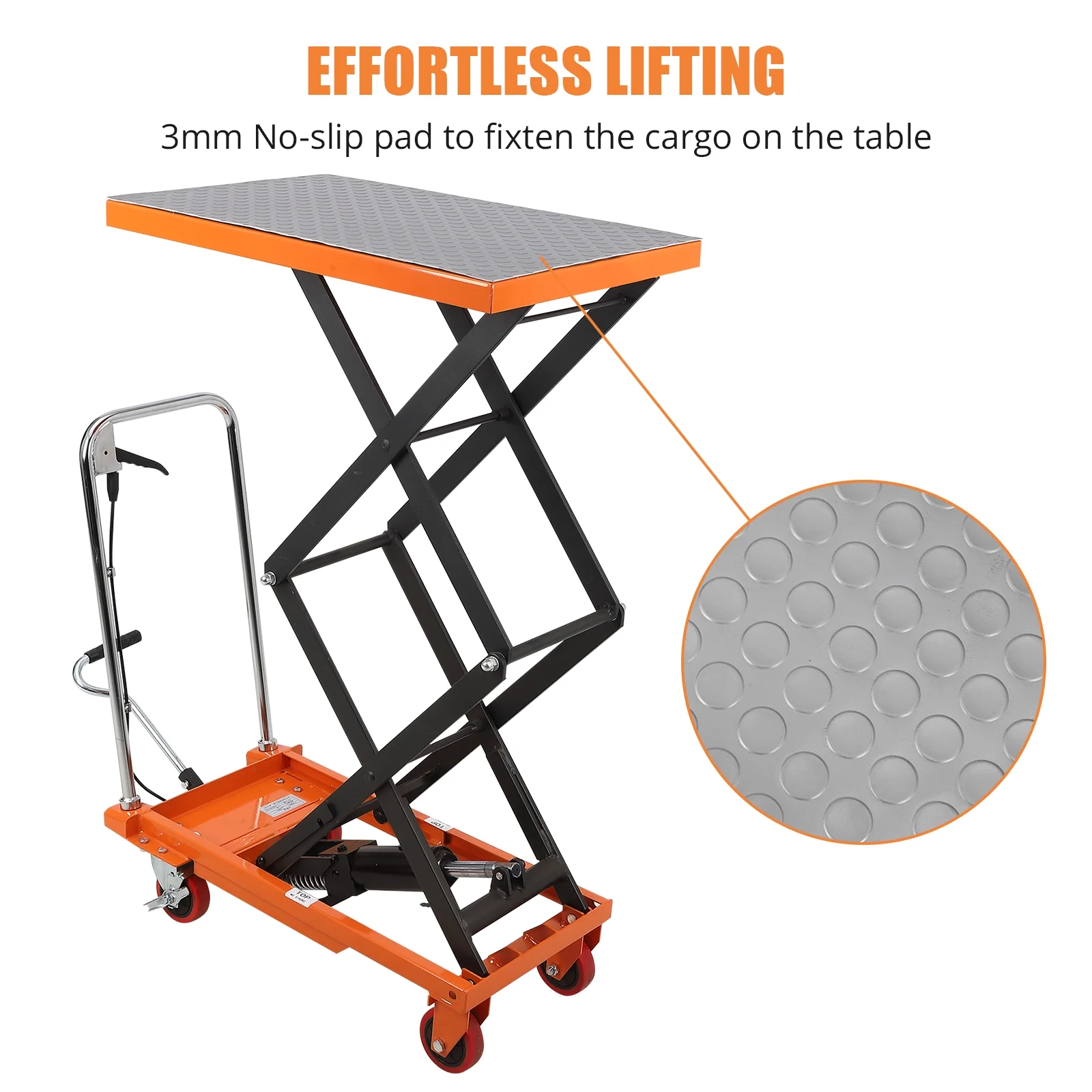 Hydraulic Lift Table Cart 770 lbs Capacity, Adjustable Up to 59" Lifting Height, Manual Double Scissor Lift Table with 4 Wheels 3mm Non-Slip Pads for Safe Material Handling Transport, Orange - Image 3