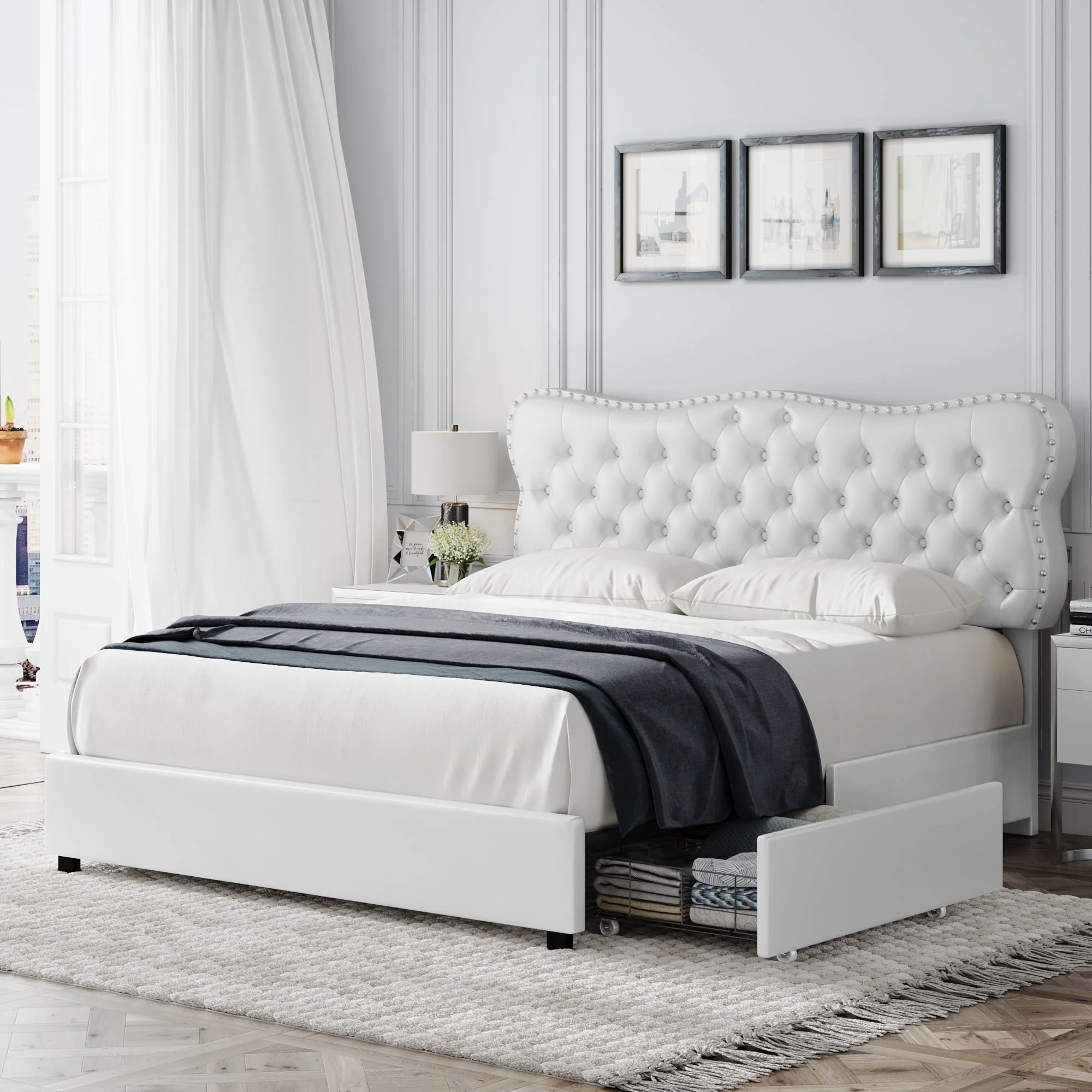 Homfa White Queen Bed Frame with Drawer, PU Leather Upholstered Storage Platform Bed Frame with Button Tufted Headboard, Noise Free