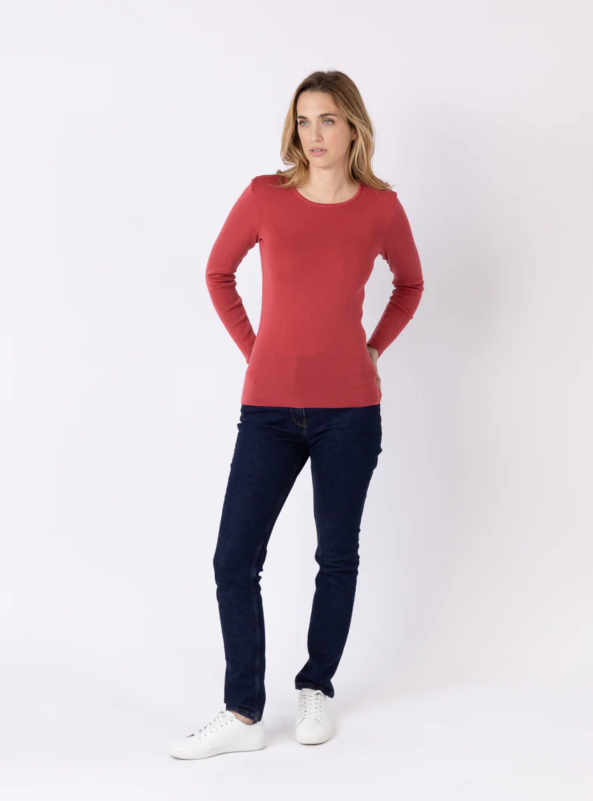 Tee-shirt thermique manches longues femme en laine merinos rouge tendre