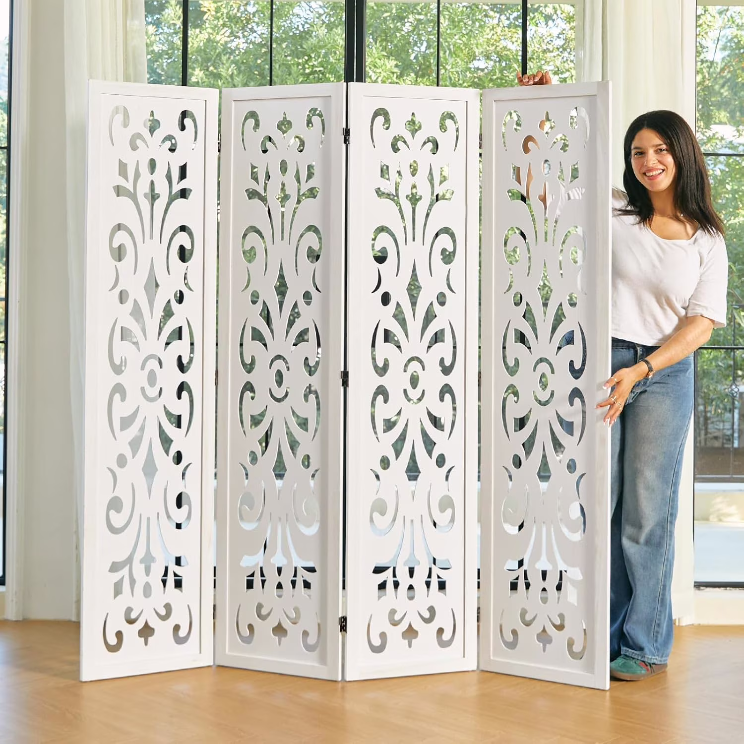 5.6ft Room Divider Folding Wood Classical Carved Partition Screen for Home Office Garden - 4 Panels (White)