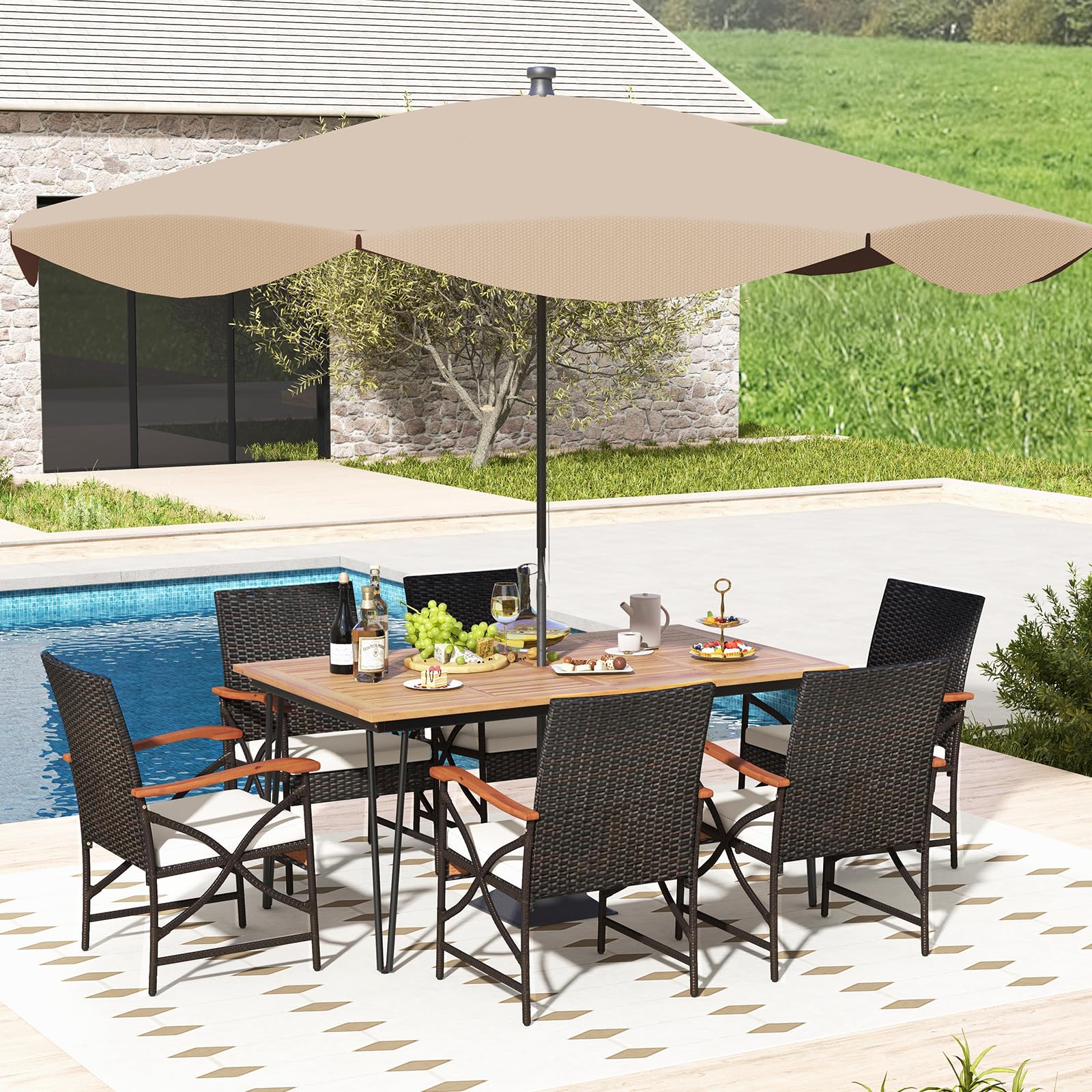 Tangkula 7 Pieces Patio Dining Set with Acacia Wood Dining Table, Rattan Armchairs, Soft Cushions