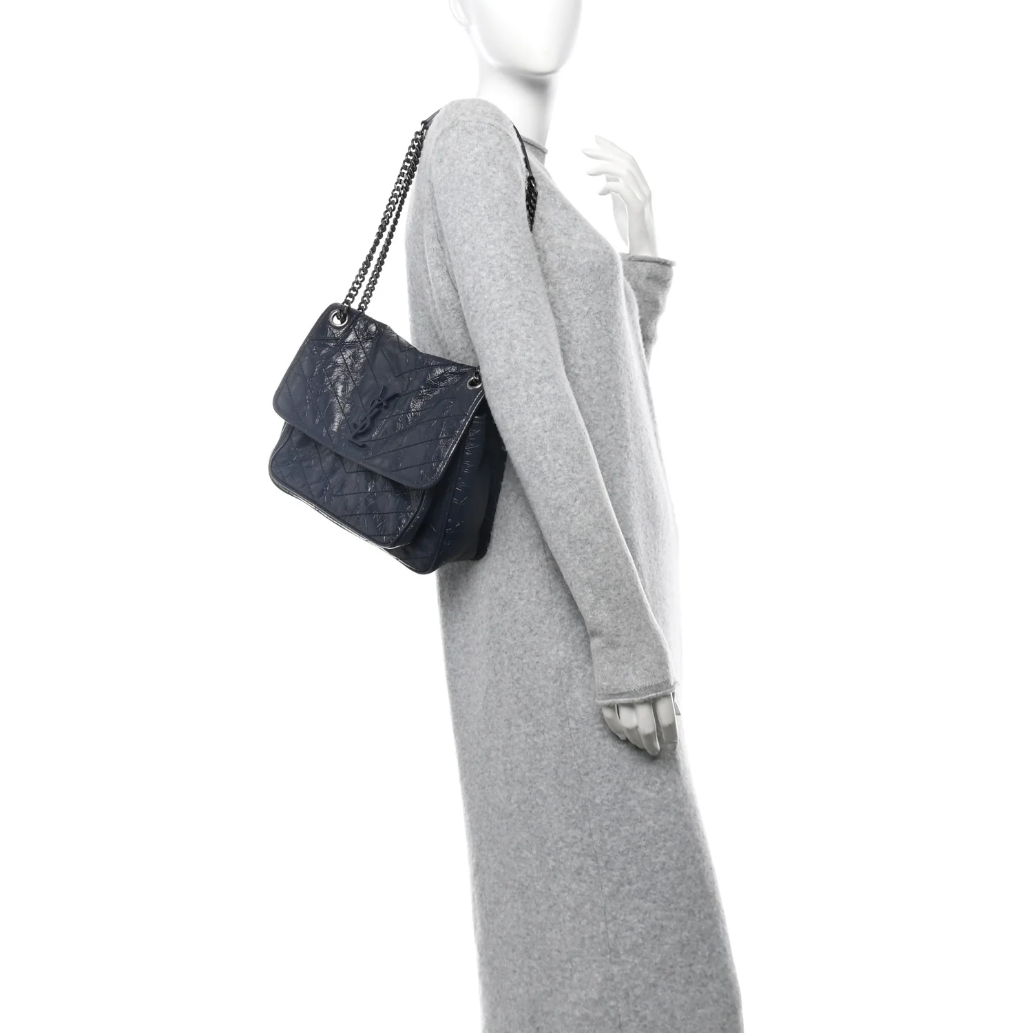 Crinkled Calfskin Matelasse Monogram Medium Niki Chain Satchel Deep Marine