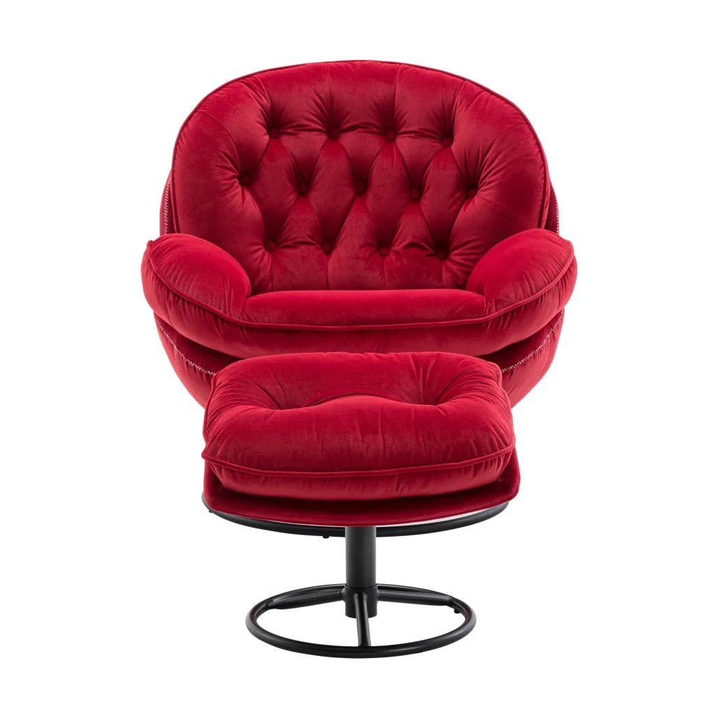 Swivel Accent Chair with Ottoman, Velvet Single Sofa Reading Chair with Metal Frame, Modern Tufted Armchair Comfy Lounge Chairs with Footrest for Living Room, Bedroom, Office, Red(Red) - Image 8