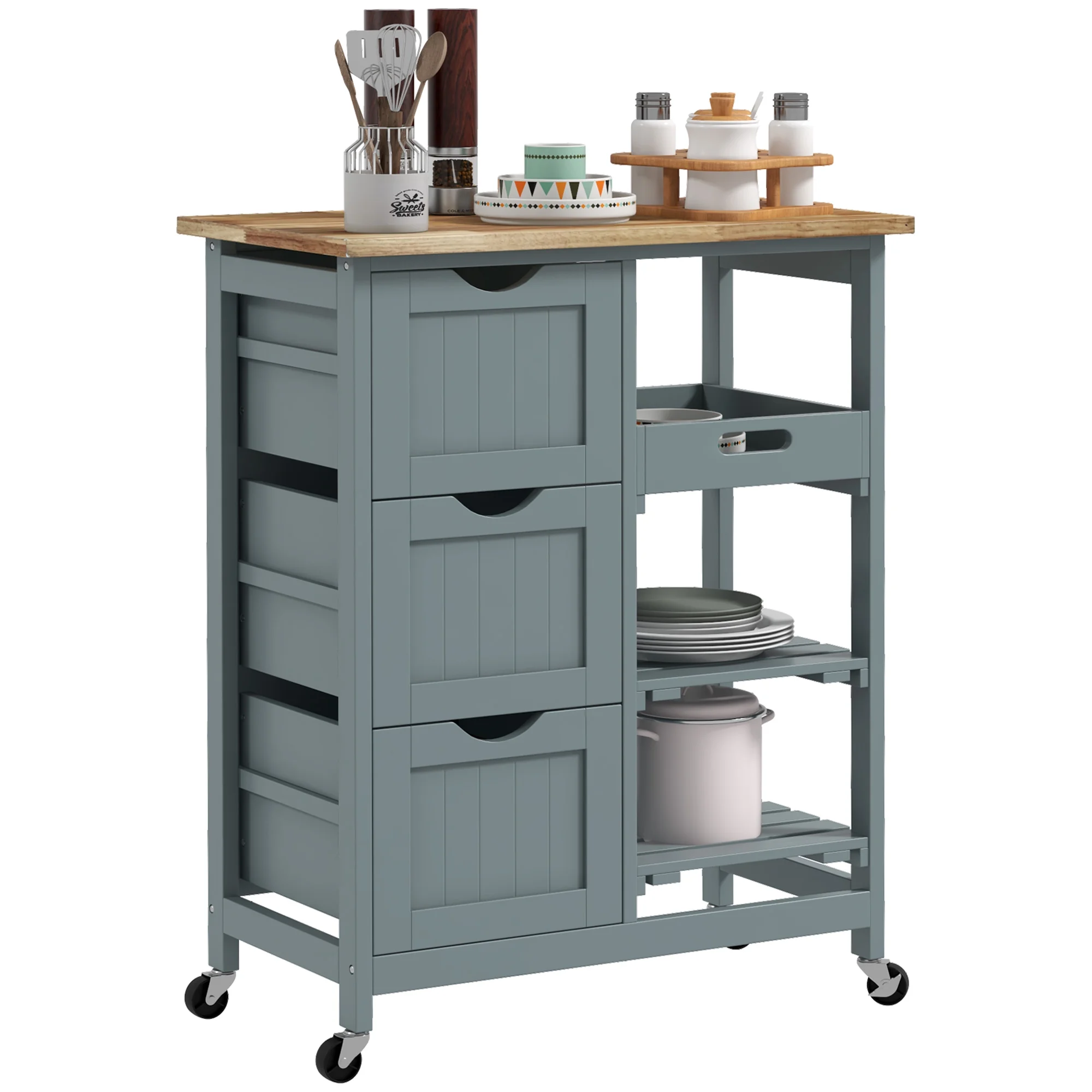 Wood Top Kitchen Island with Shelves and Drawers and Wheels, Rolling Bar Serving Cart for Home, Kithen, Bar, Dining Room, Light Blue(Light Blue) - Image 8