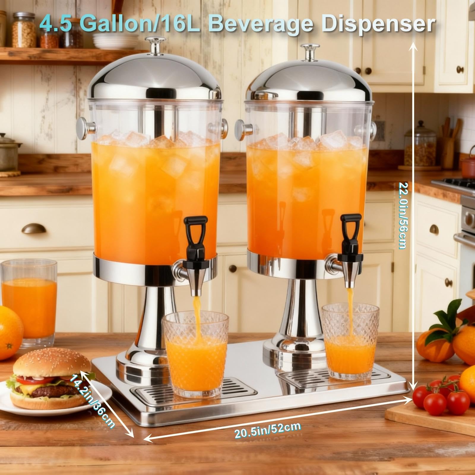 4.5 Gallon Drink Dispenser with Stand, Beverage Dispensers with Ice Core, Spigot, and Ice Shovel, Commercial Hot Cold Juice Dispenser for Parties, Wedding, Hotel Buffet, Banquet, Restaurant (16 L)
