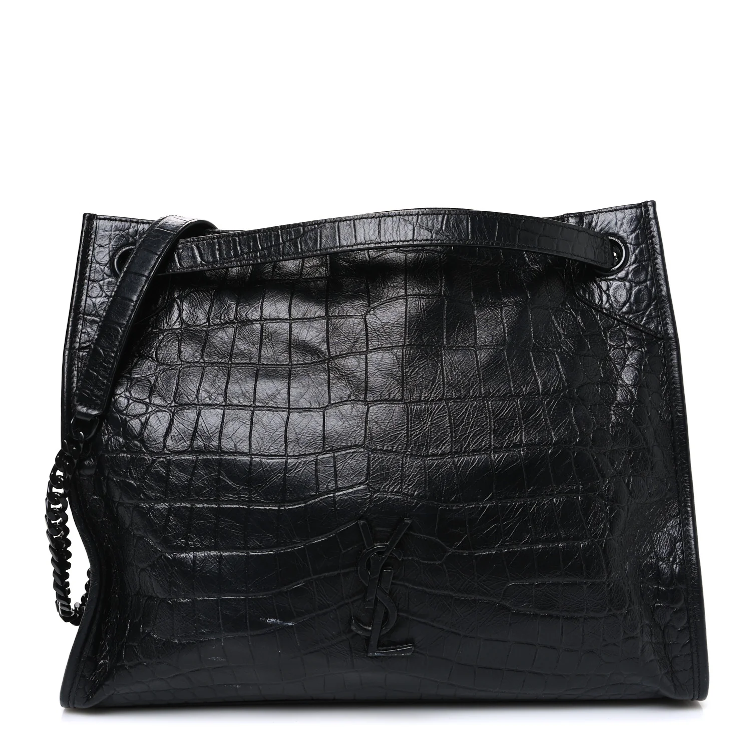 Calfskin Crocodile Embossed Monogram Medium Niki Shopping Bag Black