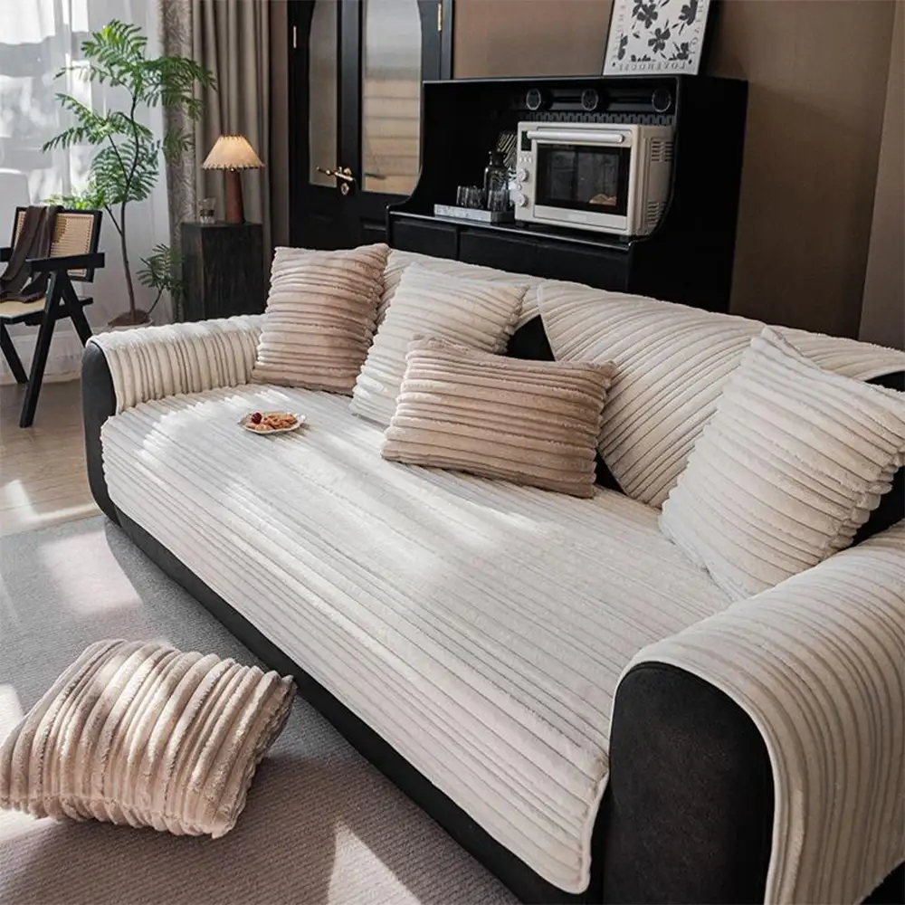 Modern Asymmetrical Stripes Soft Plush Non-Slip Couch Cover