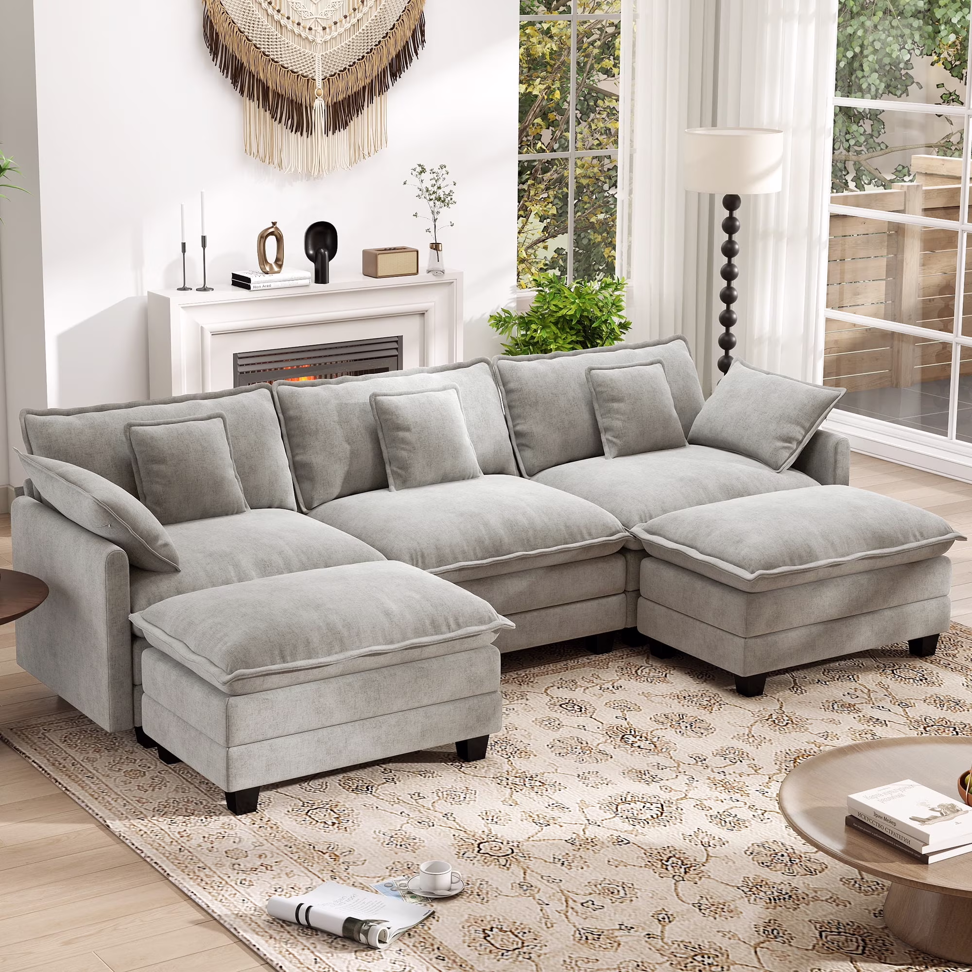 Bedluxury 111.5'' Modular Sectional Sofa with Movable Ottomans, U Shaped Cloud Couch for Living Room, 3 - Seat, Grey