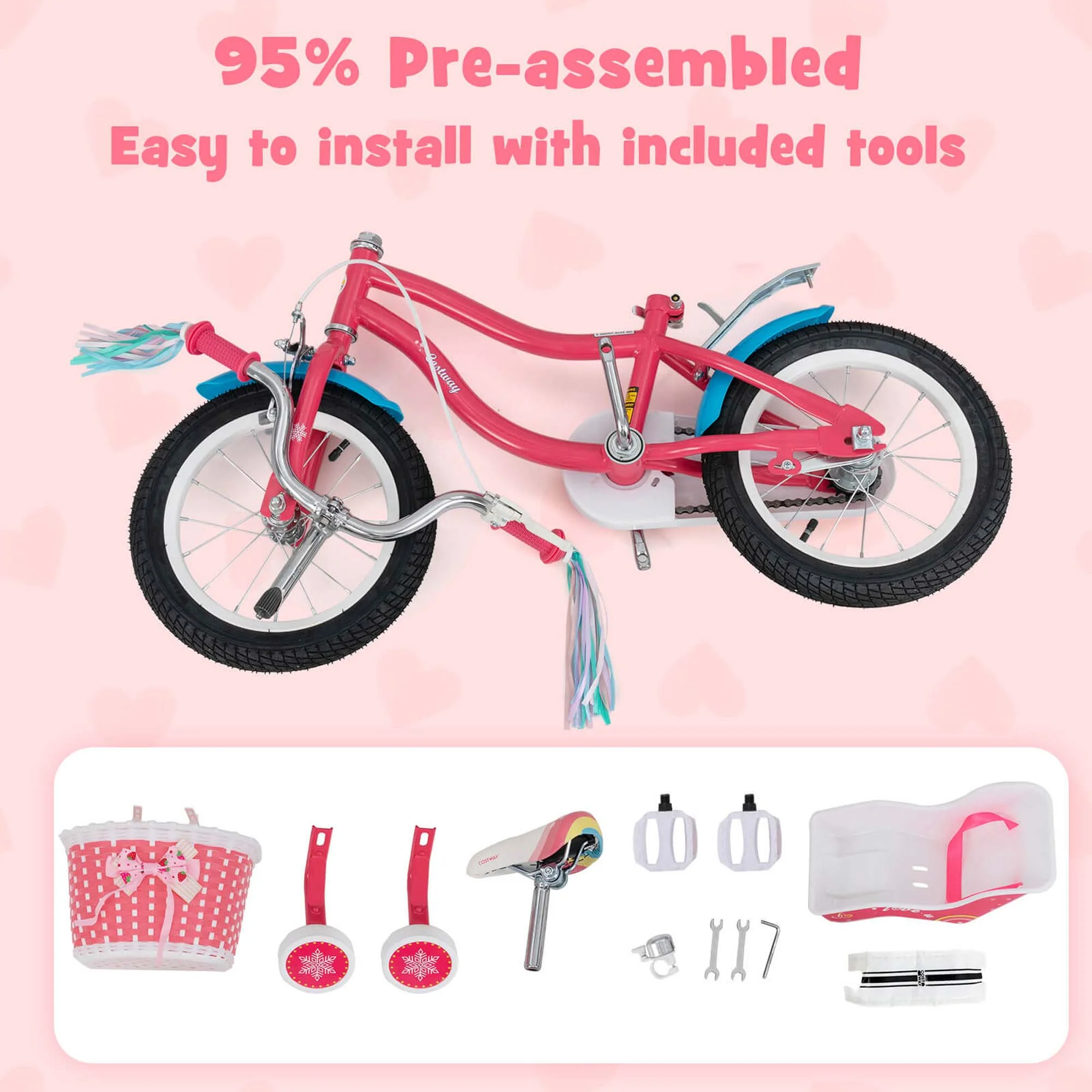14 Inch Kids Bike with Basket Doll Seat Colorful Streamers 2 Training Wheels Pink(Pink/14") - Image 9