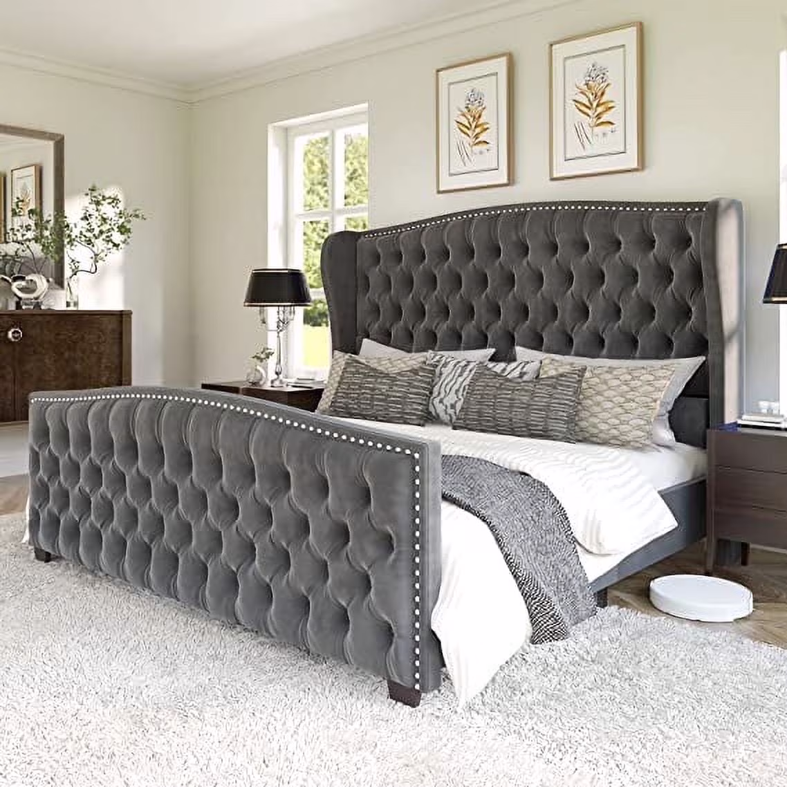 VANACC Queen Size Bed Frame, Velvet Upholstered Bed with Deep Button Tufted Wingback Headboardgrey