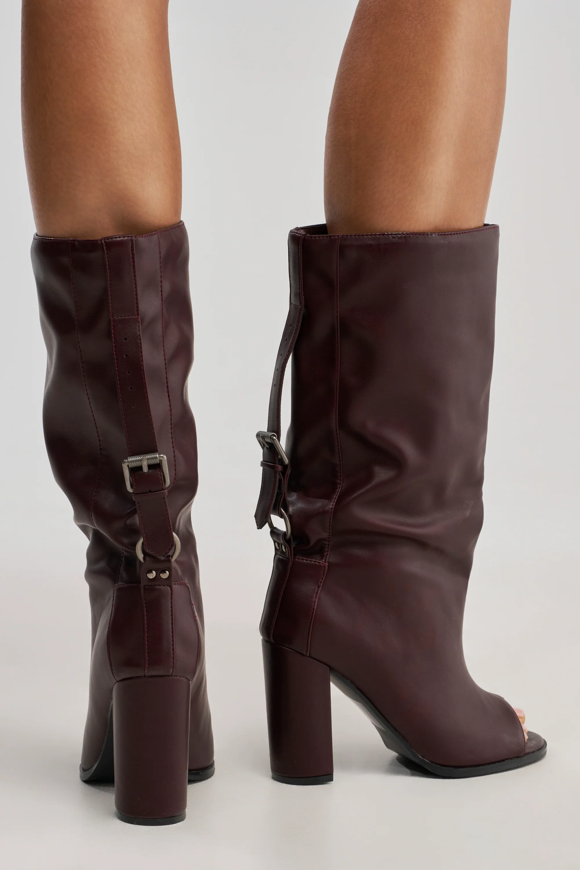 AKIRA GOLD REMIX MAHOGANY OPEN TOE BLOCK BOOTIE - Akira Store