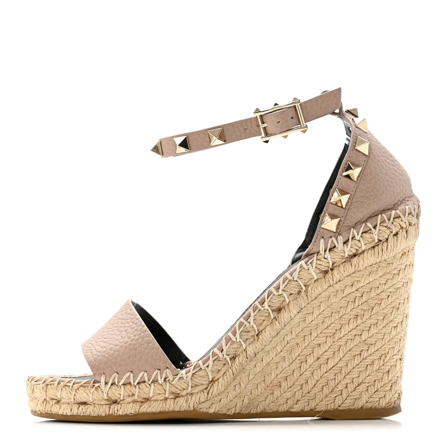 Grained Calfskin Rockstud Ankle Strap Espadrille 15/105mm Wedge Sandals 35 Rose Quartz Natural