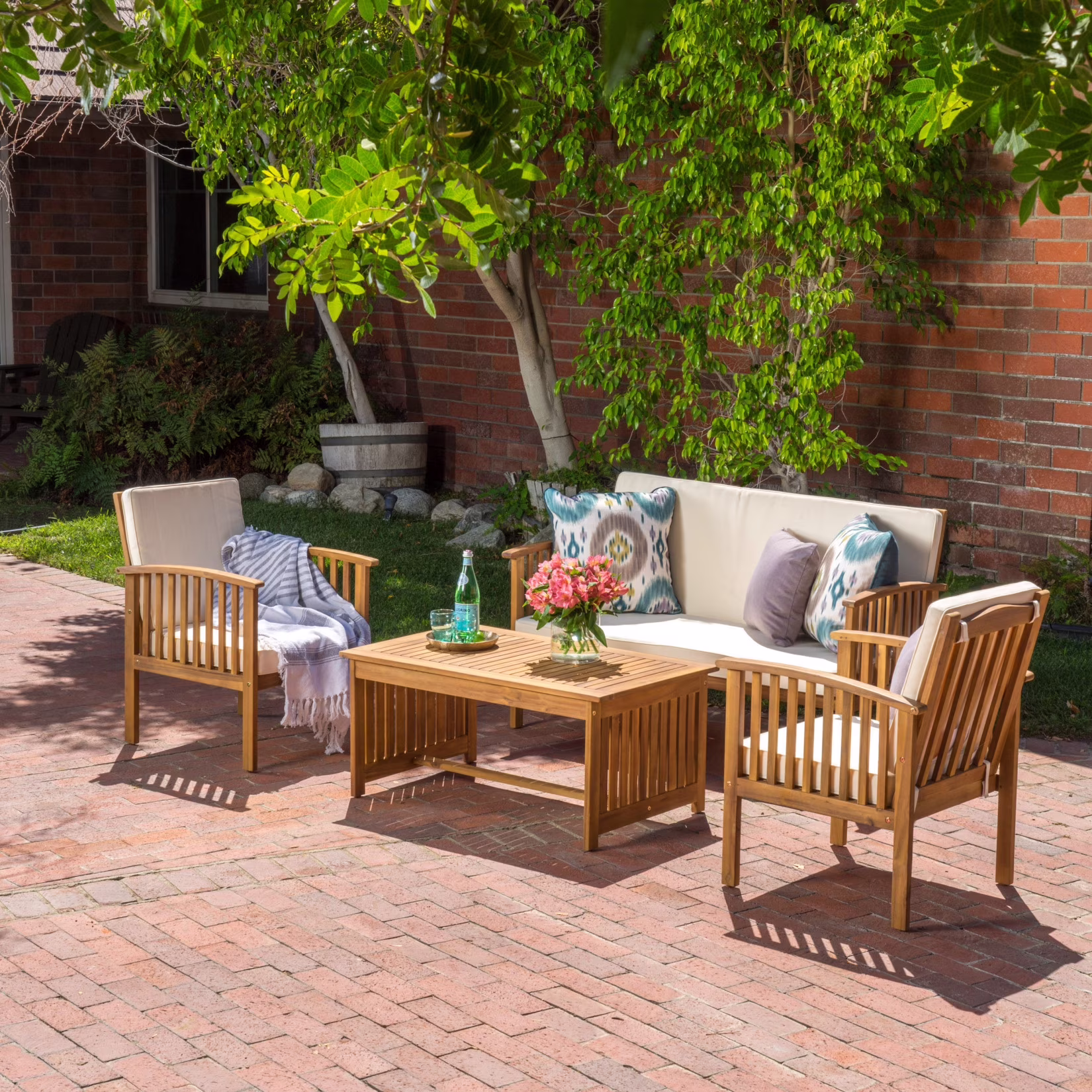 4 Pieces Patio Furniture Set, Balcony Bistro Set, Wood Outdoor Seating Set with Water Resistant Cushions and Coffee Table for Pool Beach Backyard Balcony Garden, Brown