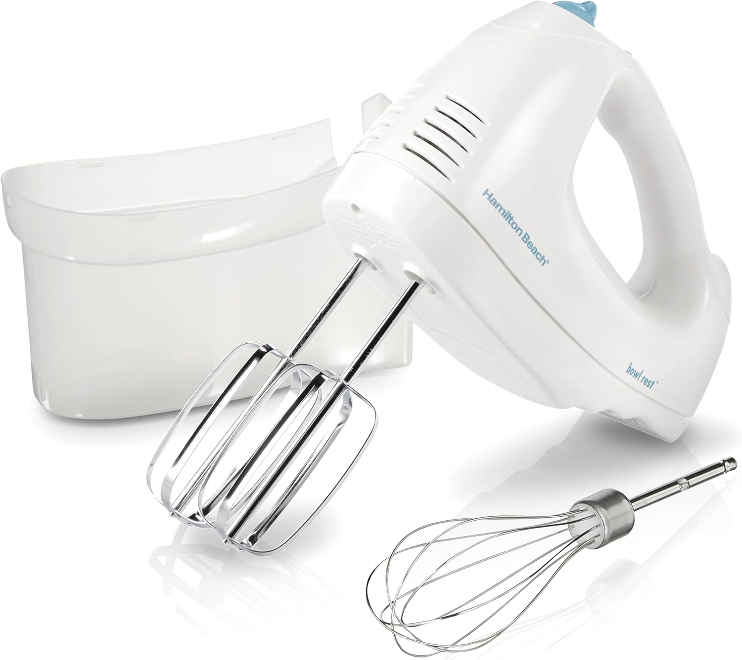 Hamilton Beach 6-Speed Electric Hand Mixer With QuickBurst and Bowl Rest| Powerful 250 Watt Motor| Traditional Beaters| Snap-On Storage Case| White| 62682G